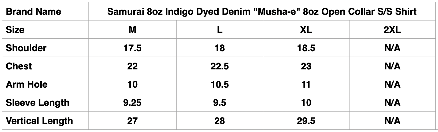 Samurai 8oz Indigo Dyed Denim "Musha-e" 8oz Open Collar S/S Shirt