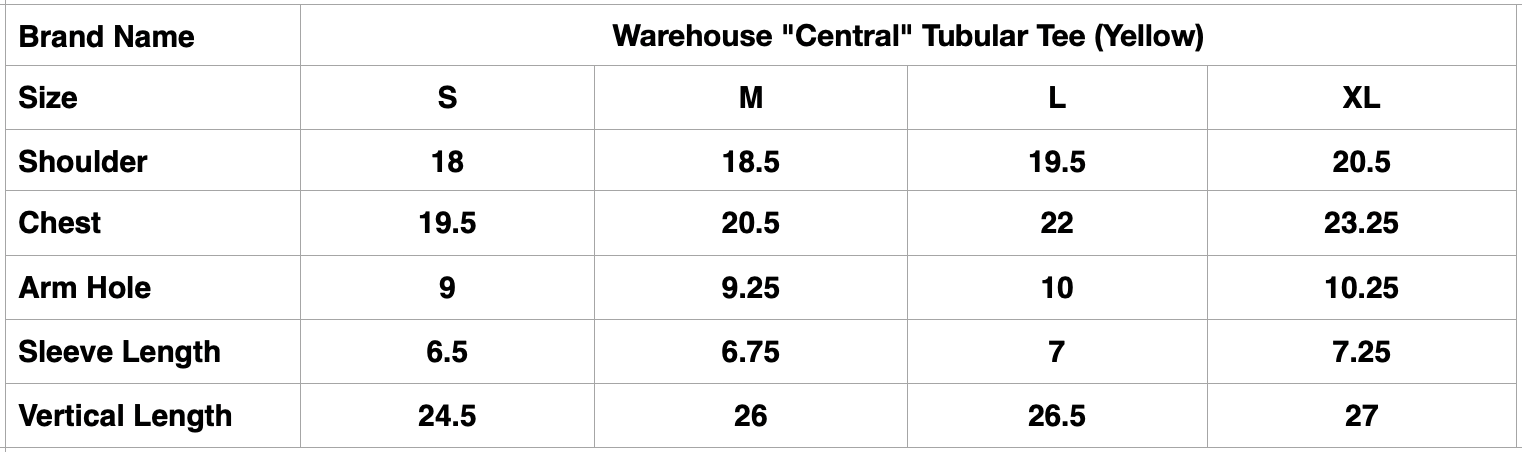 Warehouse 5oz "Central" Tubular Tee (Yellow)