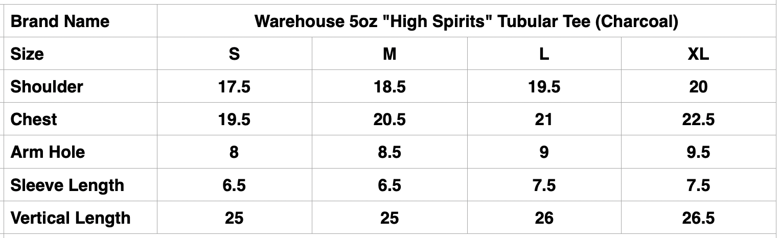 Warehouse 5oz "High Spirits" Tubular Tee (Charcoal)