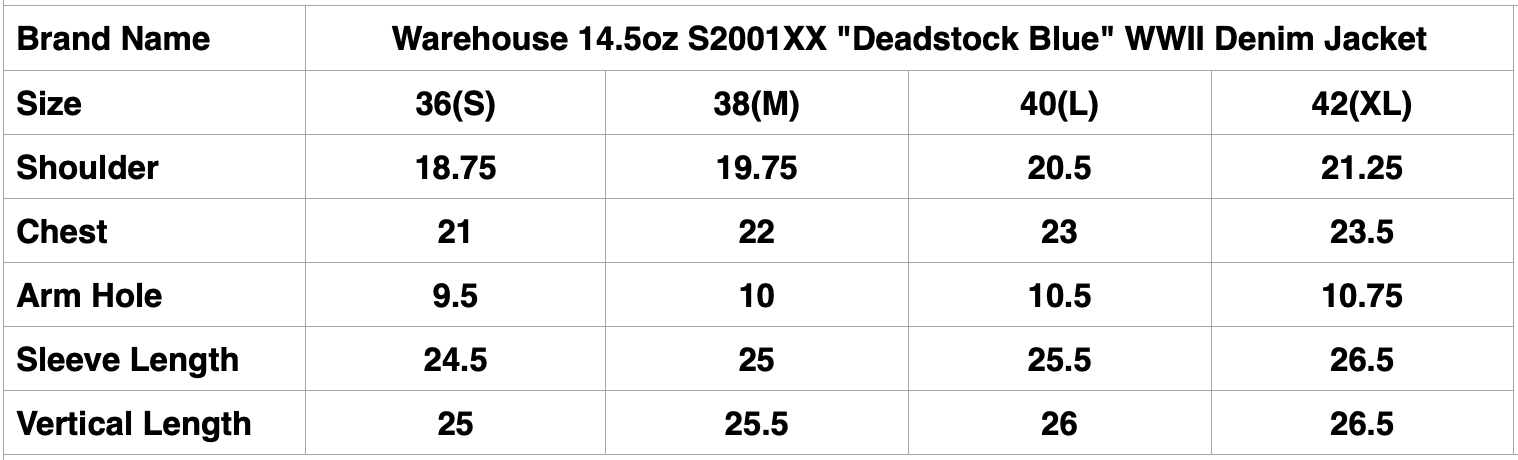 Warehouse 14.5oz S2001XX "Deadstock Blue" WWII Denim Jacket