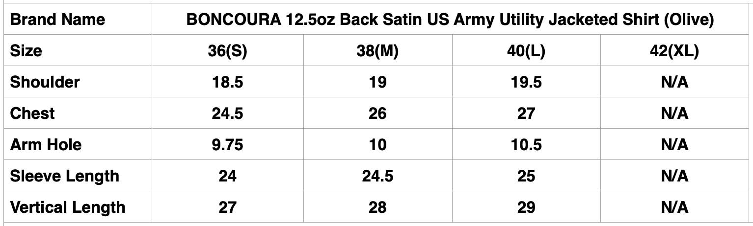 BONCOURA 12.5oz Back Satin US Army Utility Jacketed Shirt (Olive)