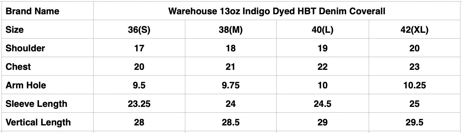 Warehouse 13oz Indigo Dyed HBT Denim Coverall