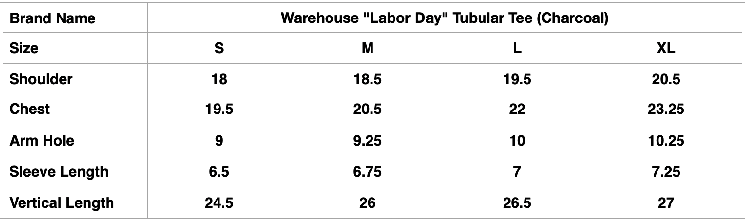 Warehouse 5oz "Labor Day" Tubular Tee (Charcoal)