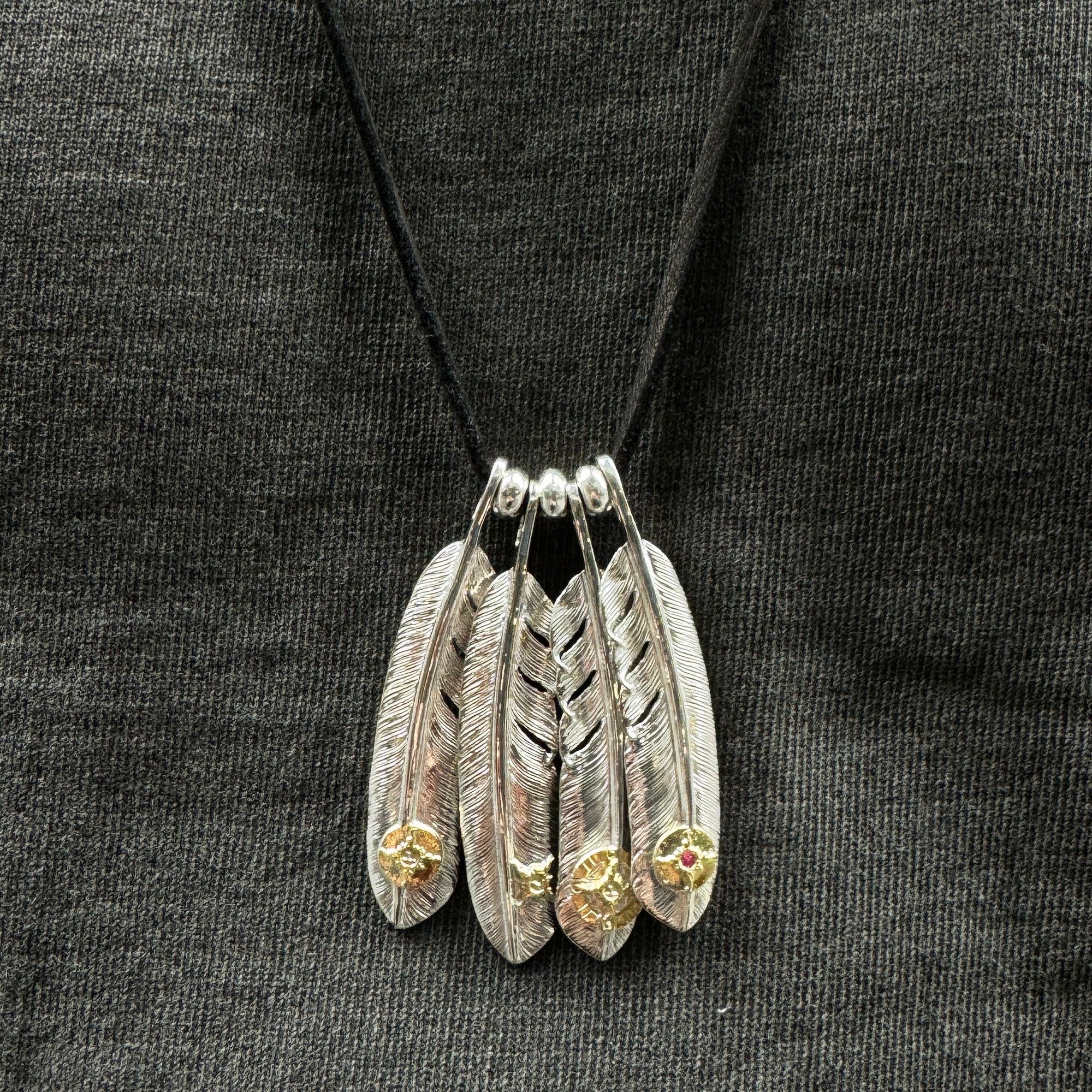 First Arrow's Silver ‘Large Feather’ Pendant with 18K Gold Emblem and Ruby (P-002J)