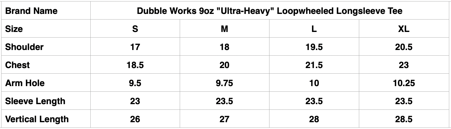 Dubble Works 9oz "Ultra-Heavy" Loopwheeled L/S Tee (Sumi Black)