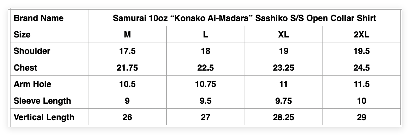 Samurai 10oz “Konako Ai-Madara” Sashiko S/S Open Collar Shirt