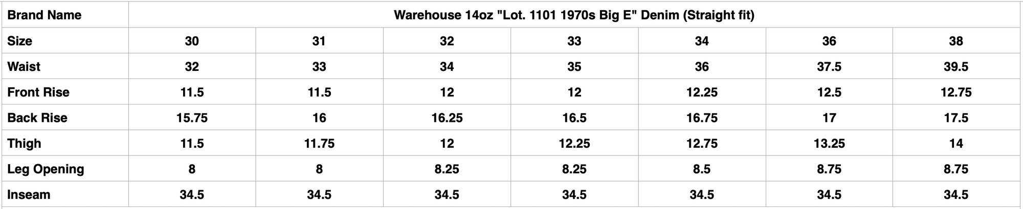 Warehouse 14oz "Lot. 1101 1970s Big E" Denim  (Straight fit)
