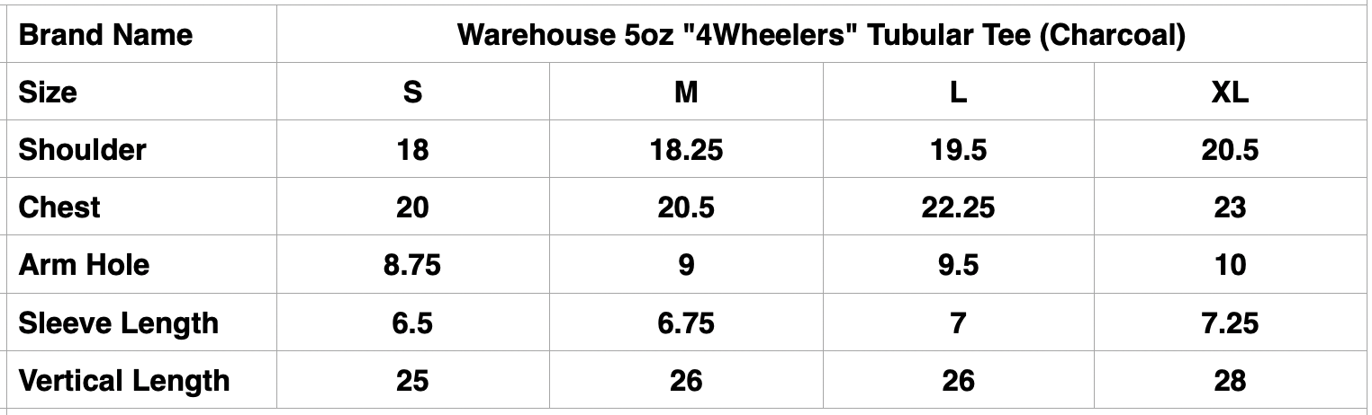 Warehouse 5oz "4Wheelers" Tubular Tee (Charcoal)