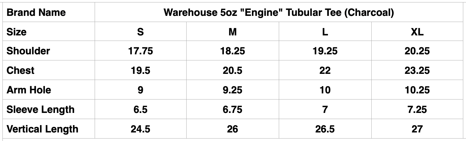 Warehouse 5oz "Engine" Tubular Tee (Charcoal)