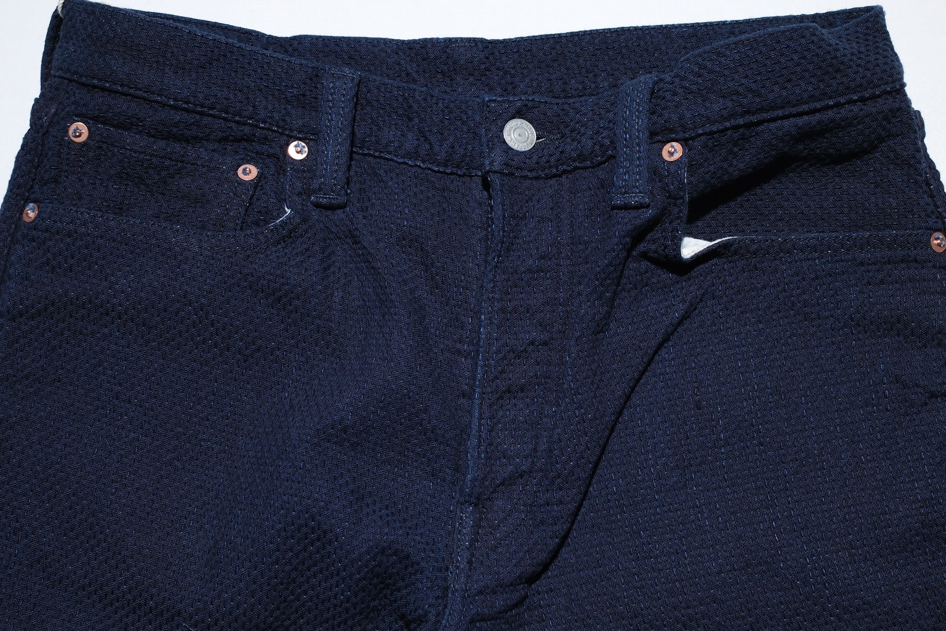 Omoto Denim 15oz Indigo Dyed "ORI-SHIKO" Sashiko Trousers (Modern Straight fit)