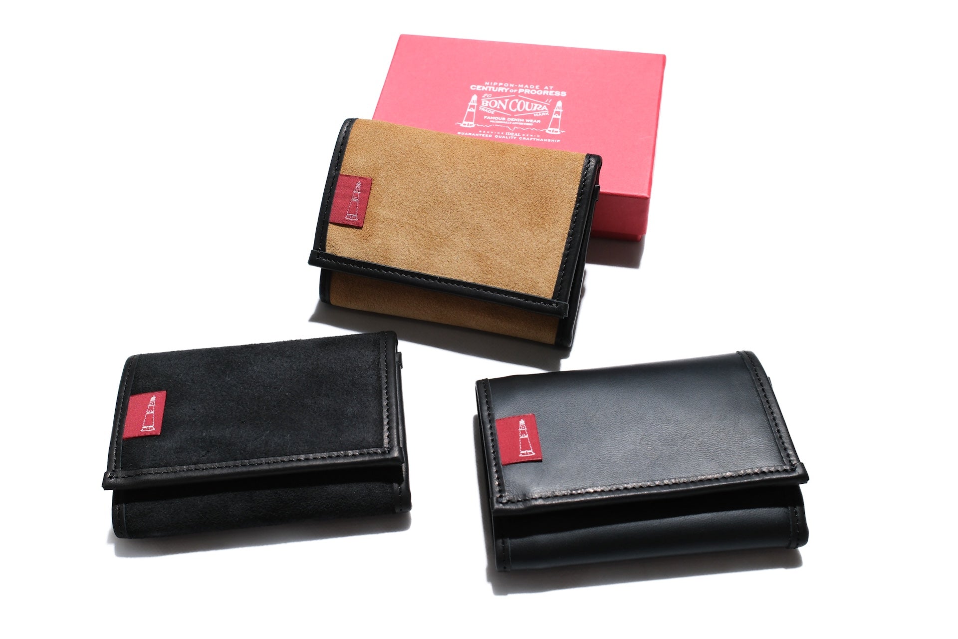 BONCOURA “BARI-BARI” Suede Cowhide Tri-fold Wallet (Beige)