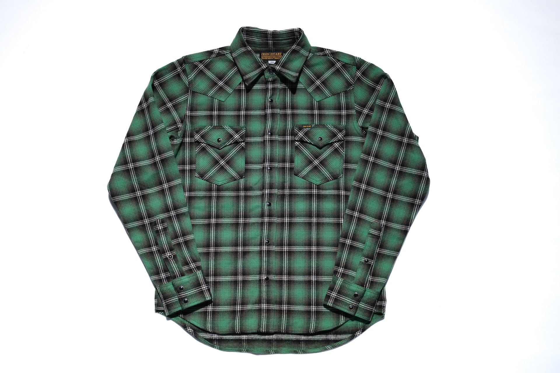 Iron Heart Ultra-Heavyweight Flannel Crazy Check Western Shirt (Grass Green)