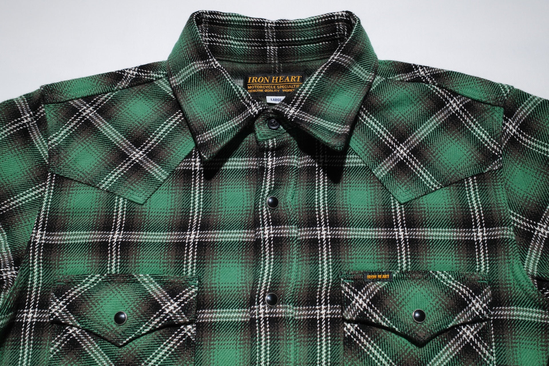 Iron Heart Ultra-Heavyweight Flannel Crazy Check Western Shirt (Grass Green)