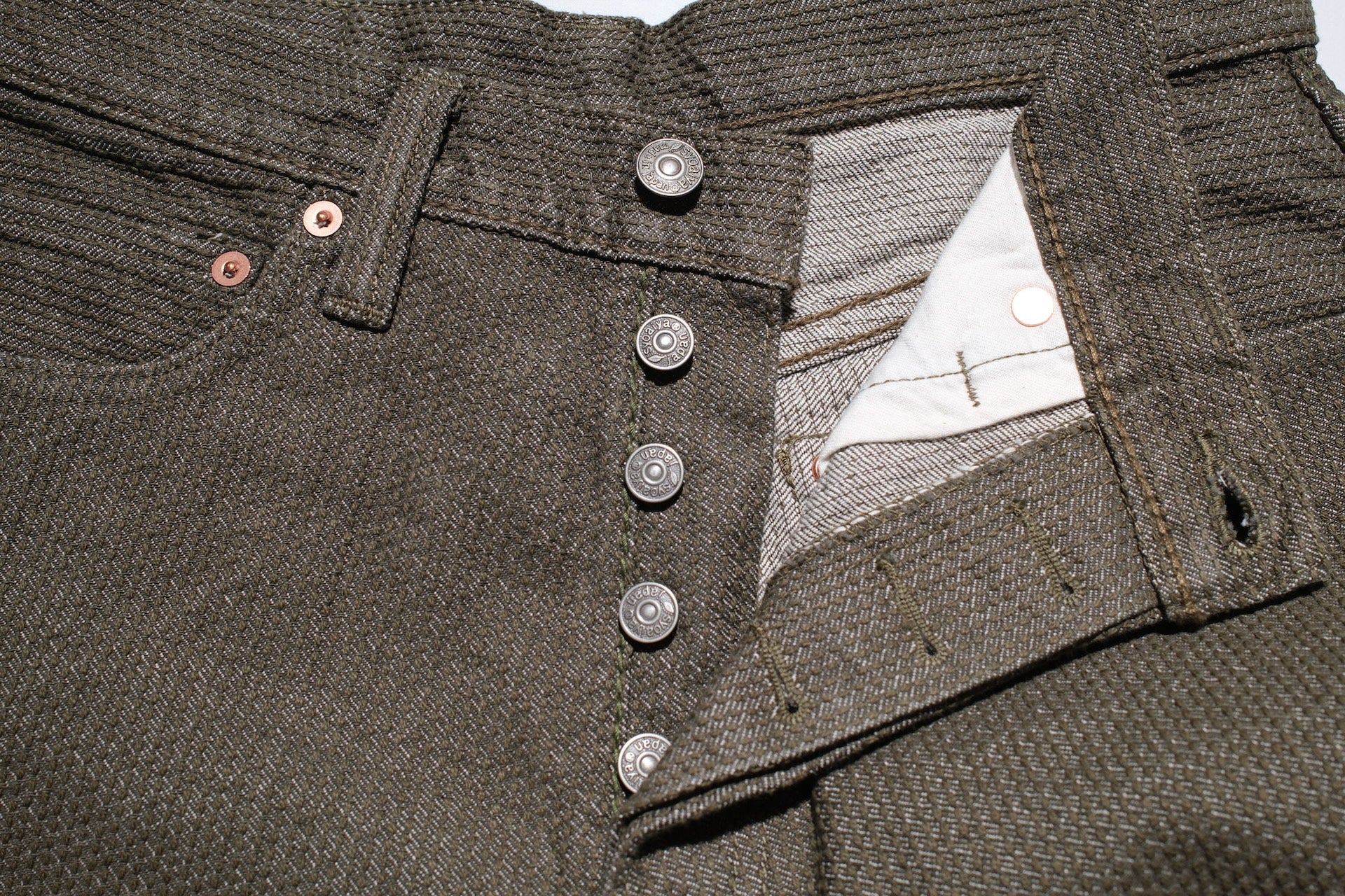Pure Blue Japan 12.5oz "Double-Warps" Sashiko Trousers (Olive X Olive)