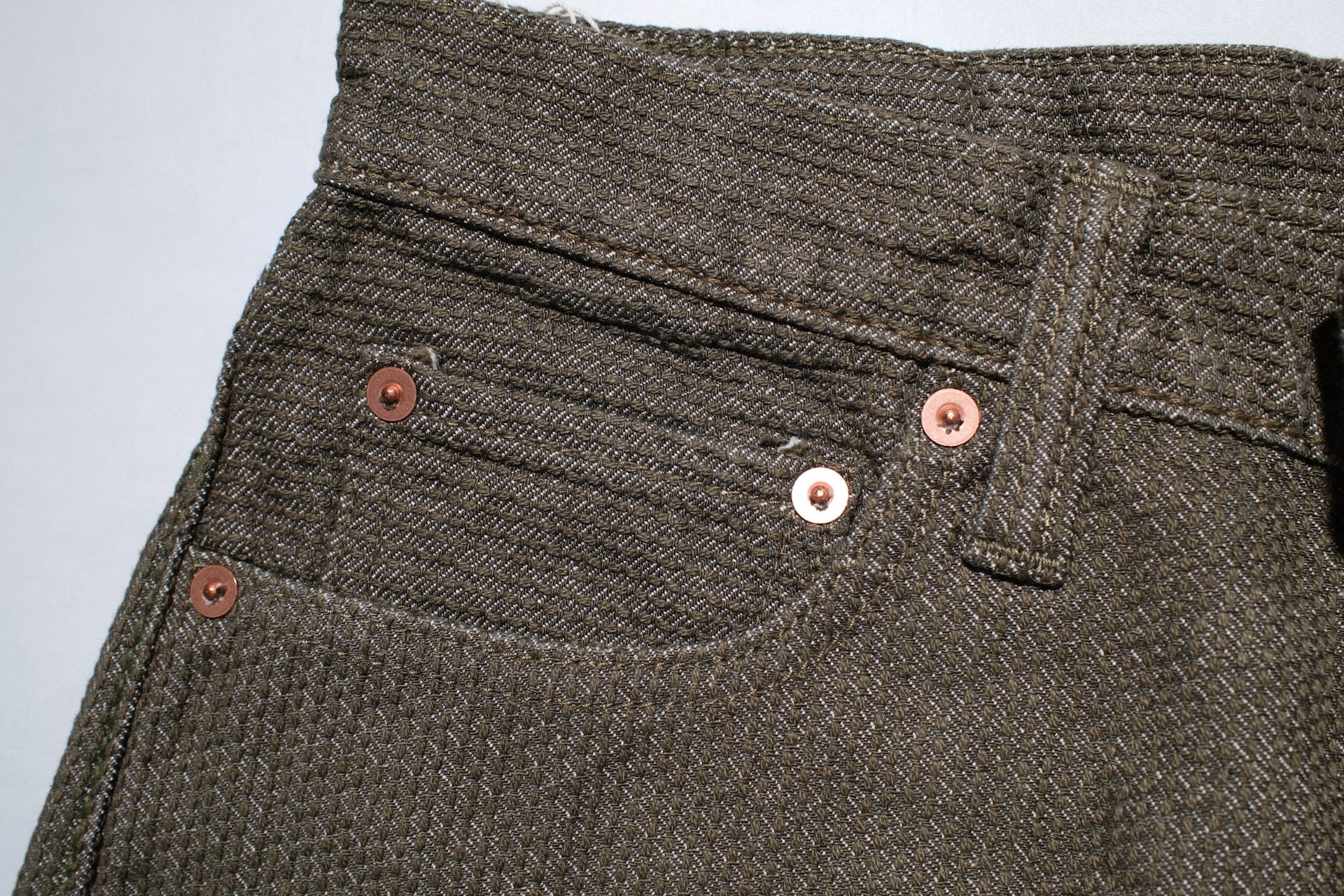 Pure Blue Japan 12.5oz "Double-Warps" Sashiko Trousers (Olive X Olive)