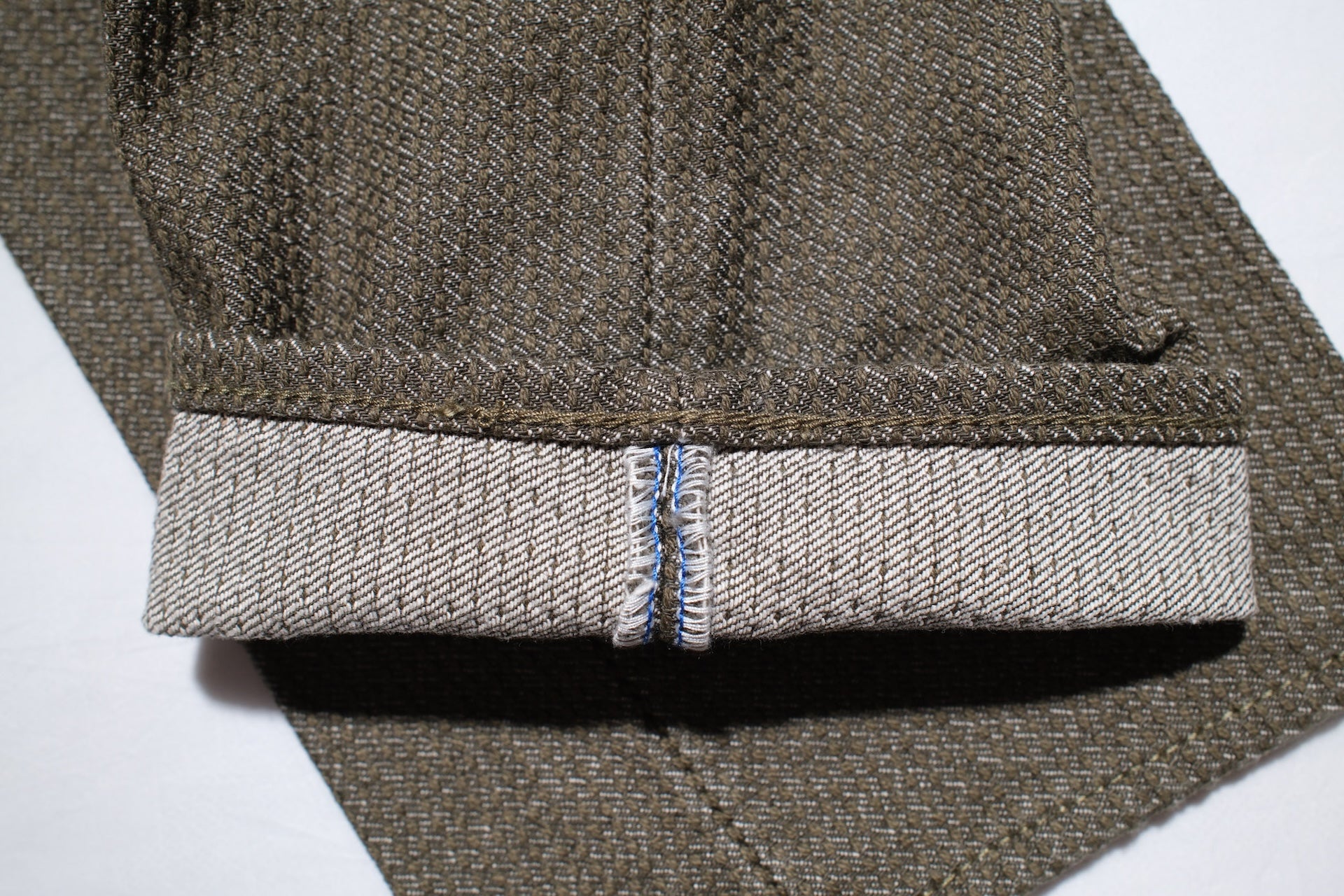 Pure Blue Japan 12.5oz "Double-Warps" Sashiko Trousers (Olive X Olive)