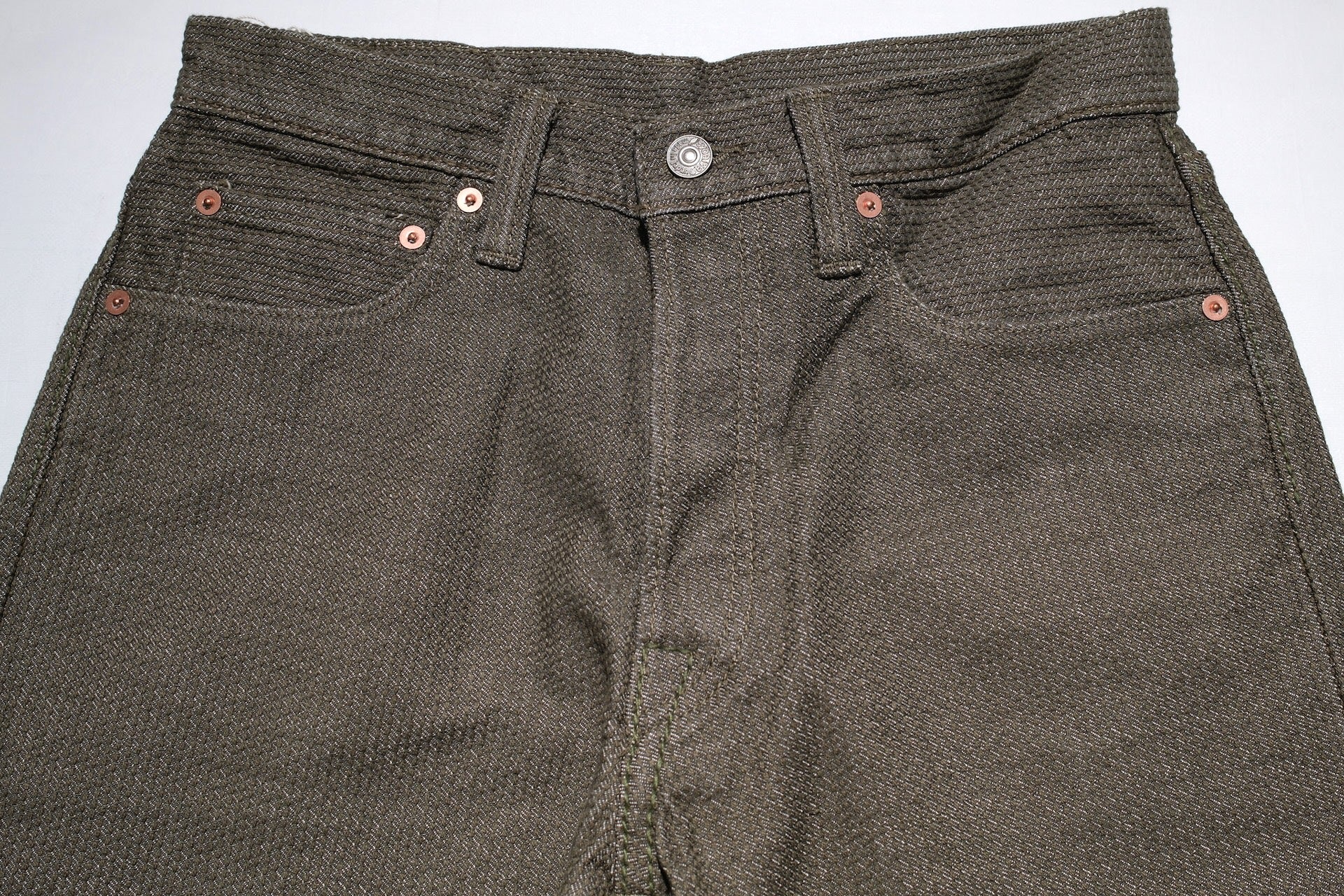Pure Blue Japan 12.5oz "Double-Warps" Sashiko Trousers (Olive X Olive)