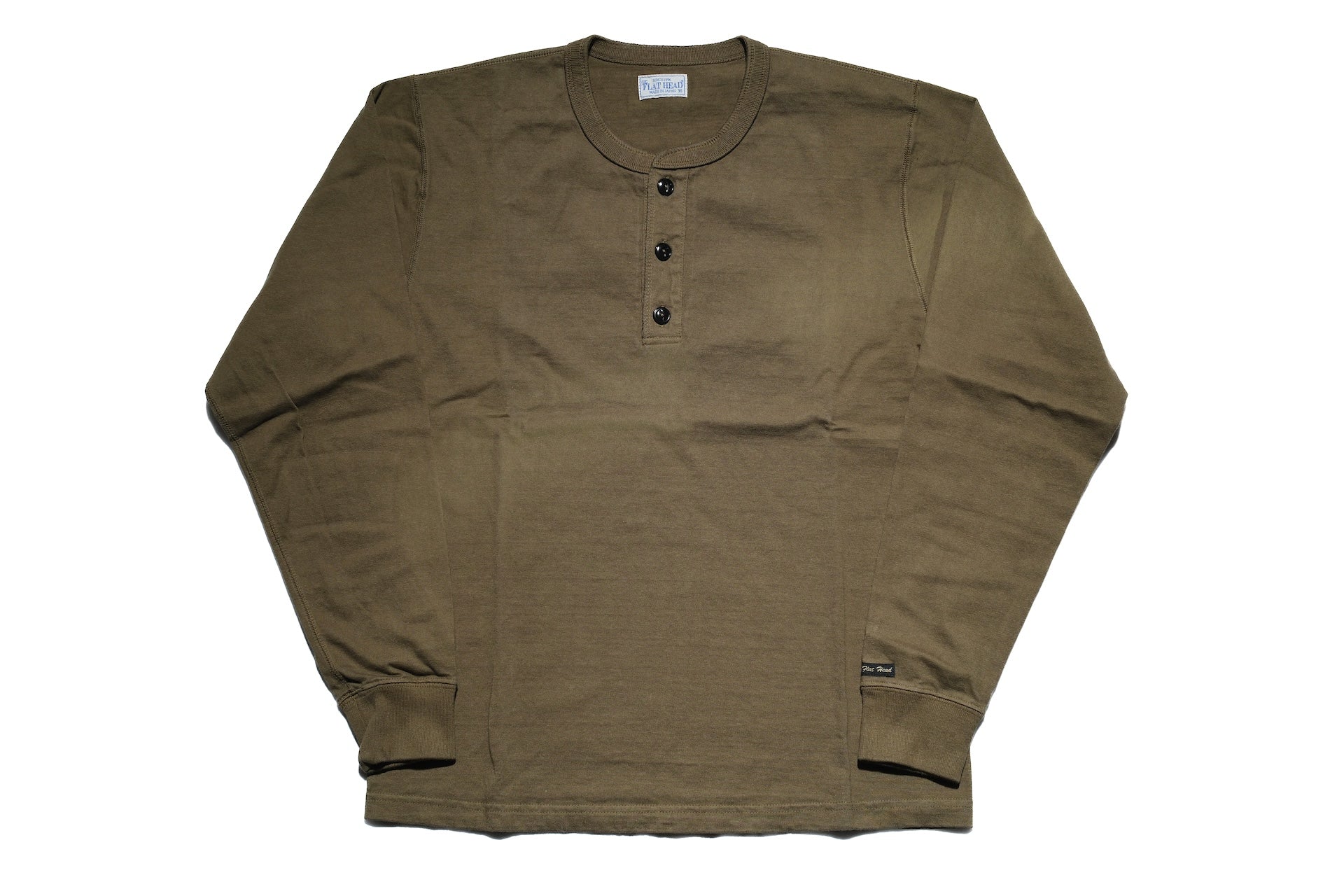 The Flat Head 9oz Loopwheeled L/S Henley Tee (Olive)