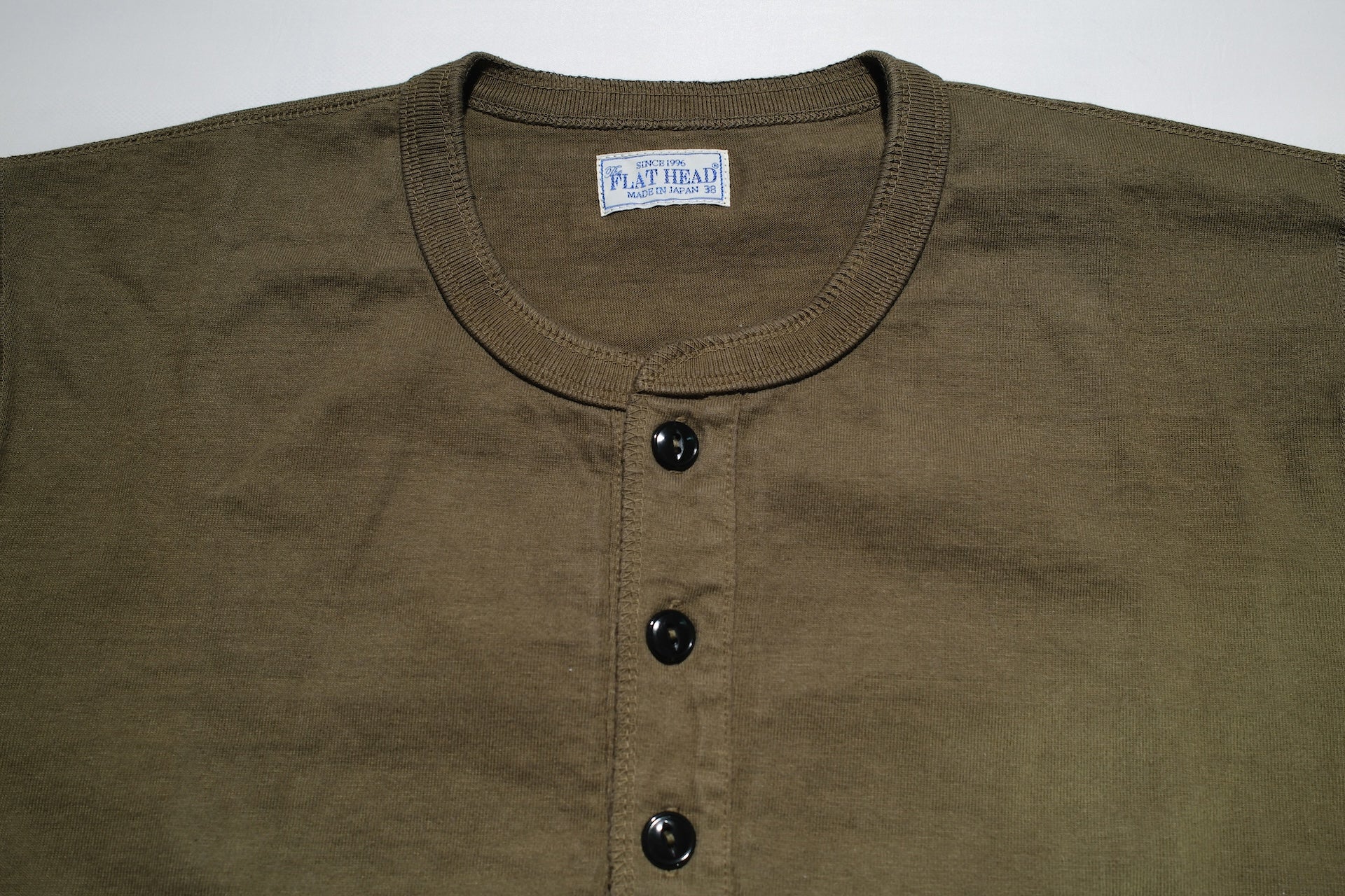 The Flat Head 9oz Loopwheeled L/S Henley Tee (Olive)