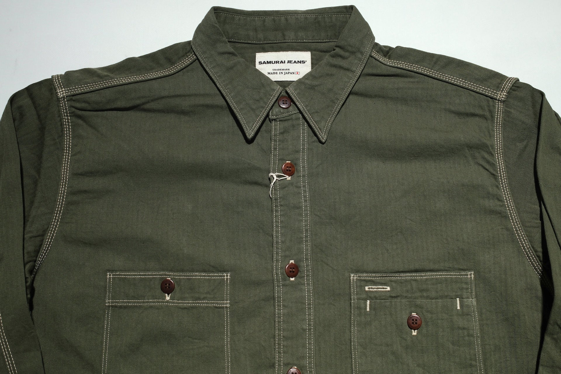 Samurai 6oz Selvage Herringbone Twill Workshirt (Olive)