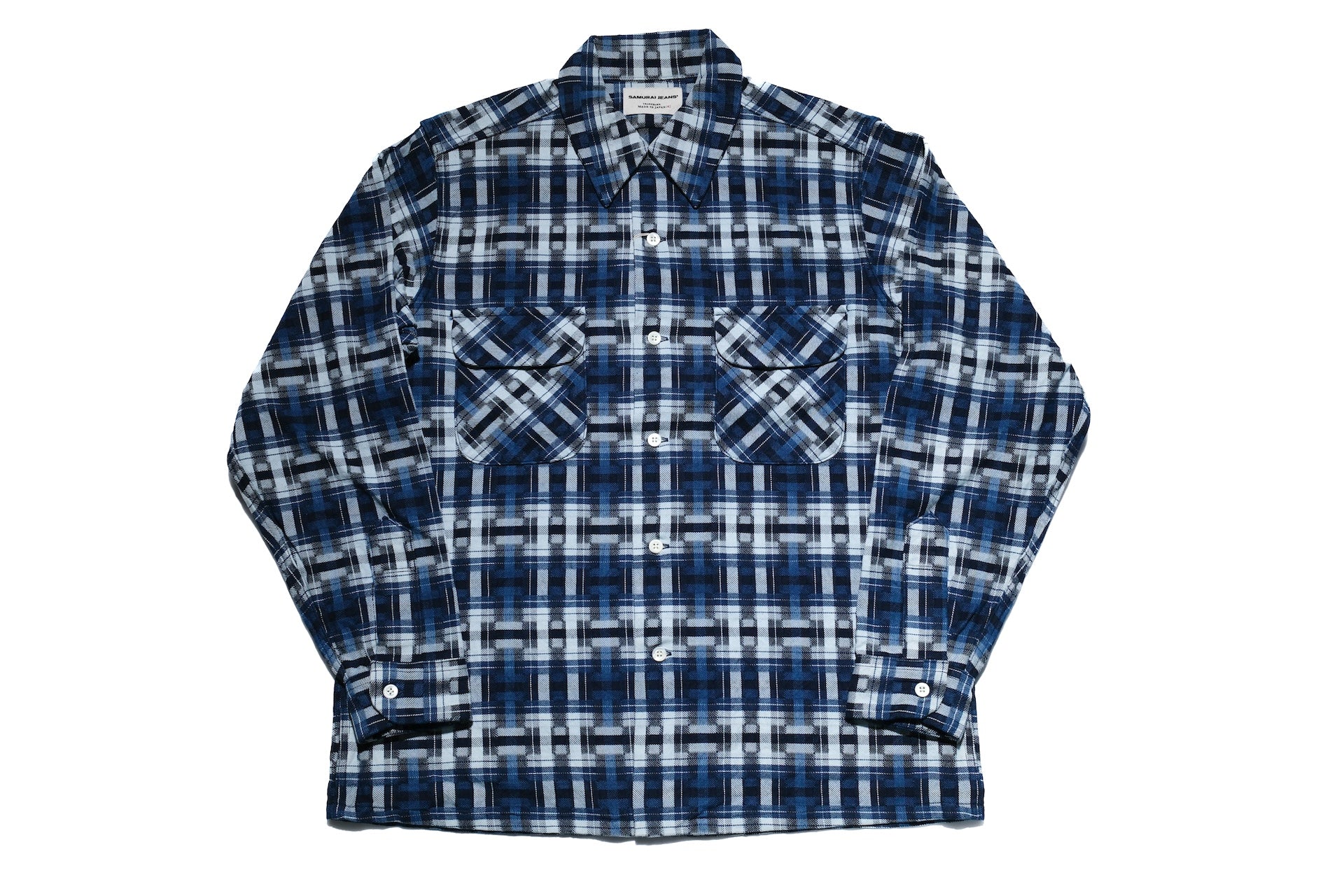 Samurai "Broken Lattice" Natural Indigo Dyed Open Collar L/S Shirt