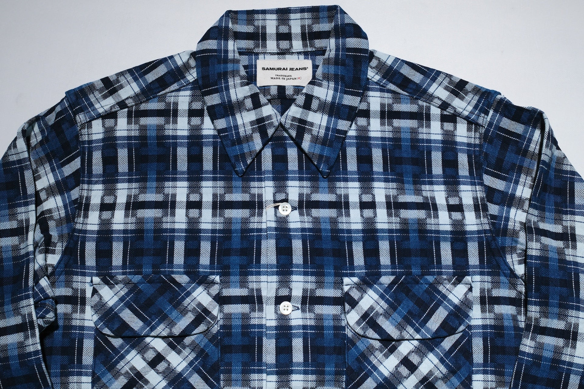 Samurai "Broken Lattice" Natural Indigo Dyed Open Collar L/S Shirt