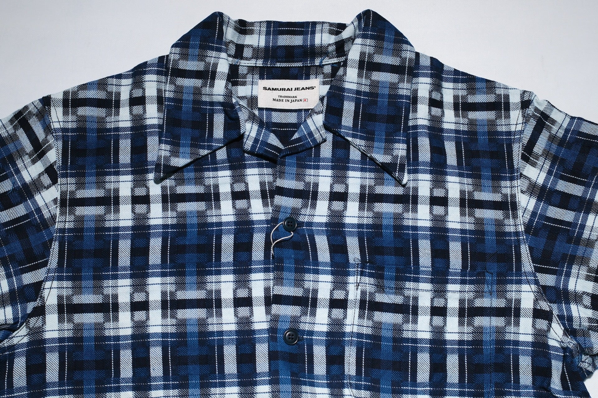 Samurai "Broken Lattice" Natural Indigo Dyed Open Collar S/S Shirt