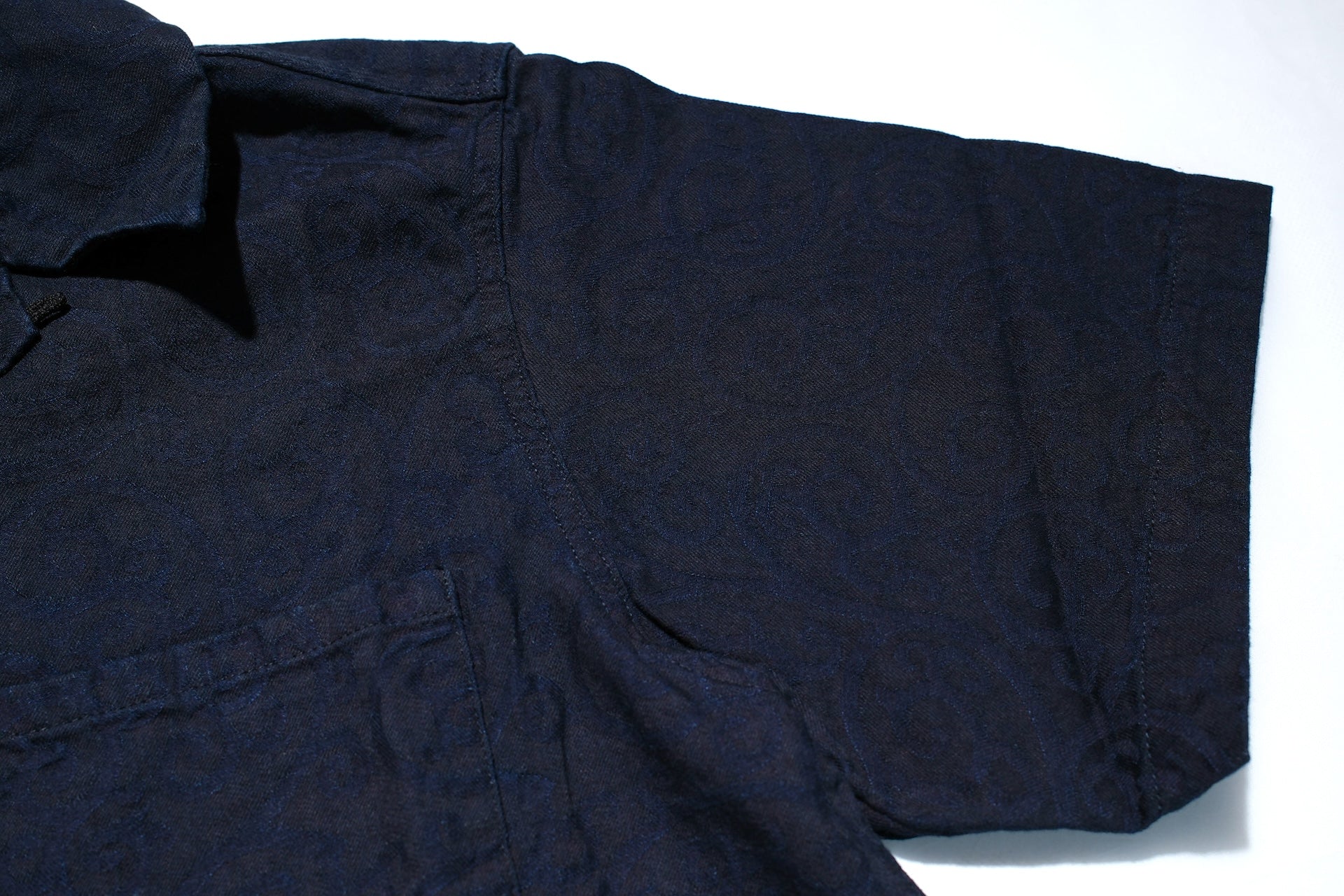 Pure Blue Japan 8oz Indigo Dyed "Arabesque" Jacquard S/S Open Collar Shirt