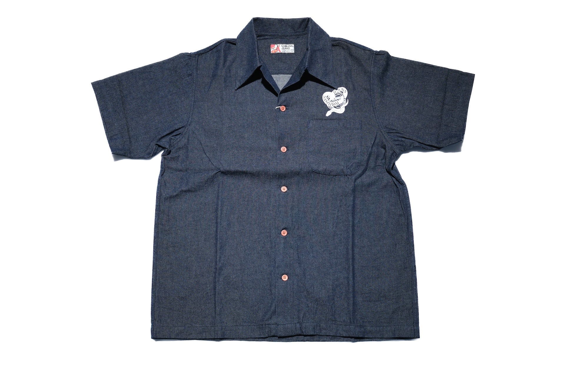 Samurai 8oz Indigo Dyed Denim "Musha-e" 8oz Open Collar S/S Shirt