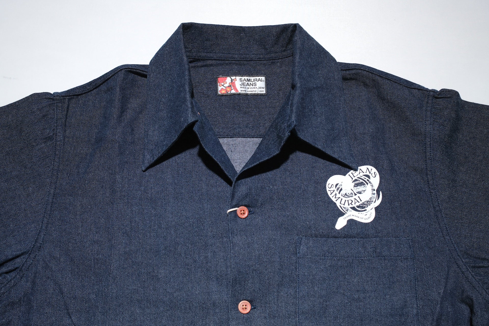 Samurai 8oz Indigo Dyed Denim "Musha-e" 8oz Open Collar S/S Shirt