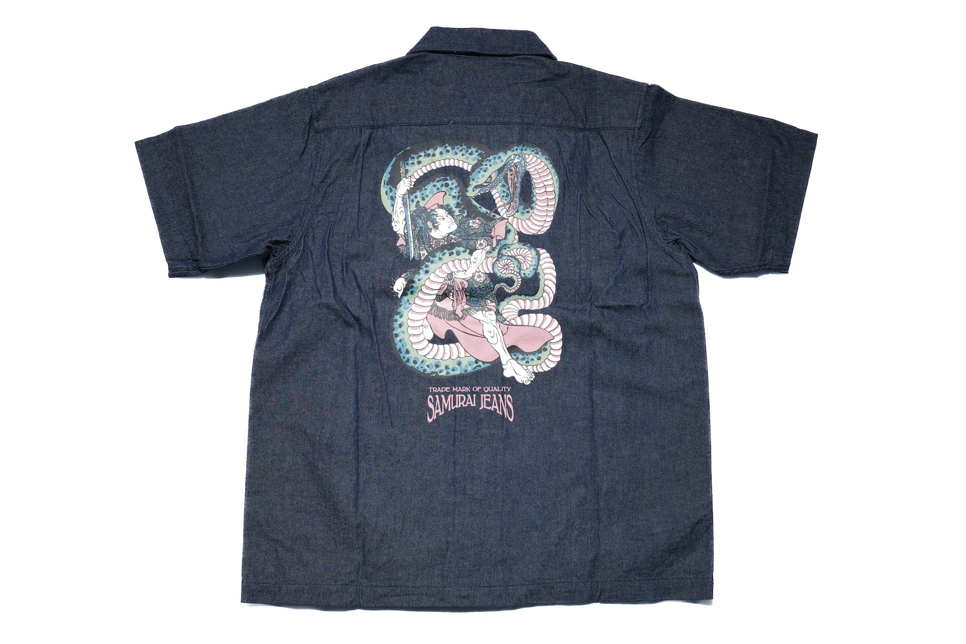 Samurai 8oz Indigo Dyed Denim "Musha-e" 8oz Open Collar S/S Shirt