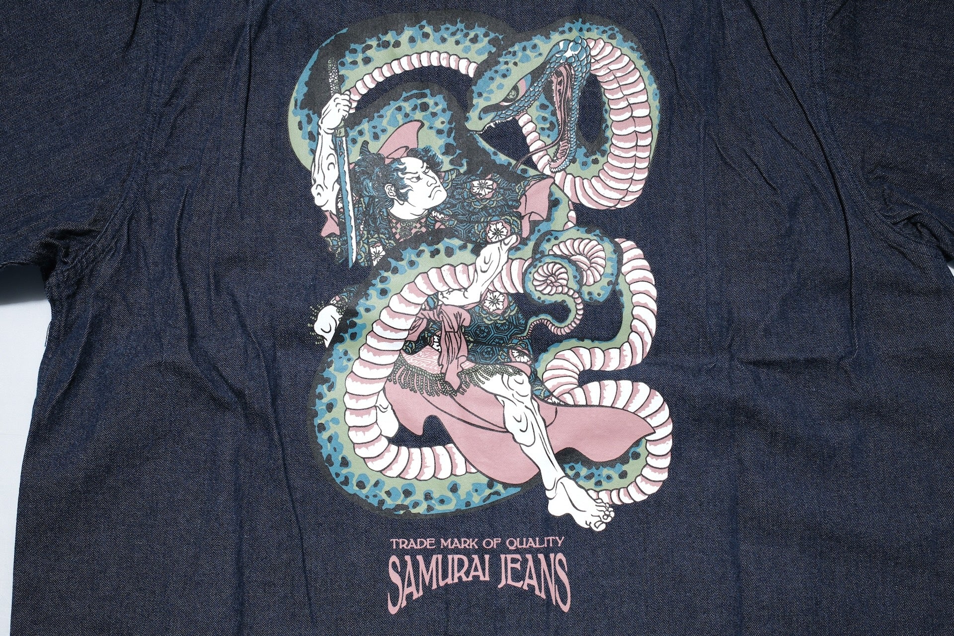 Samurai 8oz Indigo Dyed Denim "Musha-e" 8oz Open Collar S/S Shirt
