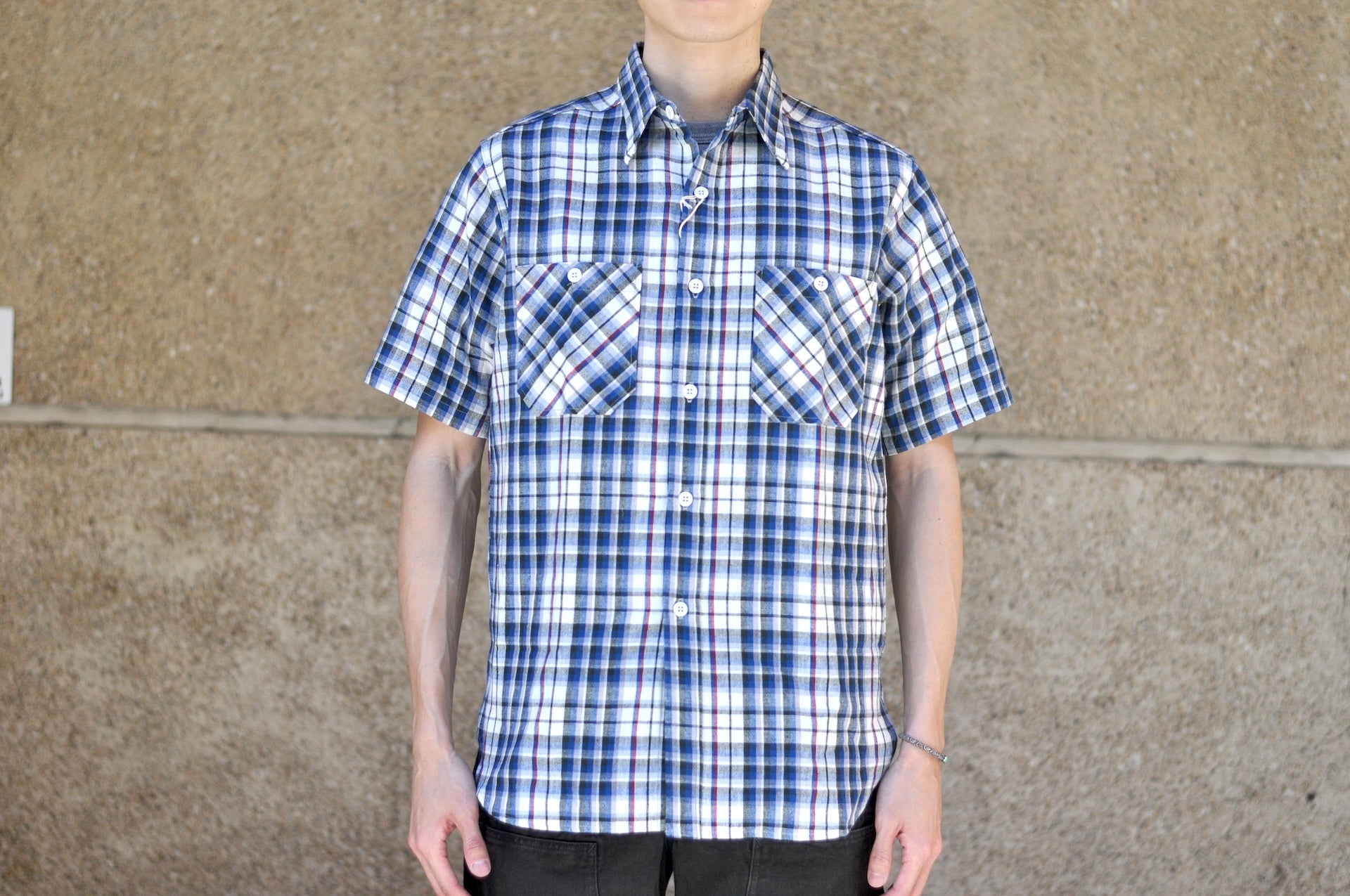 Warehouse 8oz Selvage Cotton/Linen Selvage Plaid S/S Work Shirt (Smoky Blue)