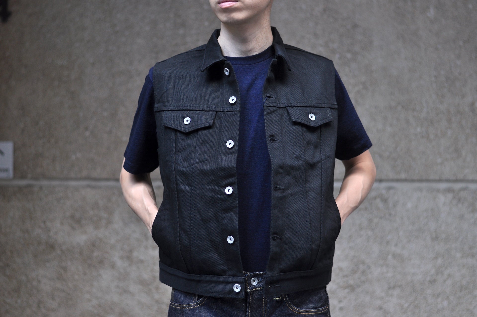 Iron Heart 21oz Selvage Denim Modified Biker Vest (Super Black)