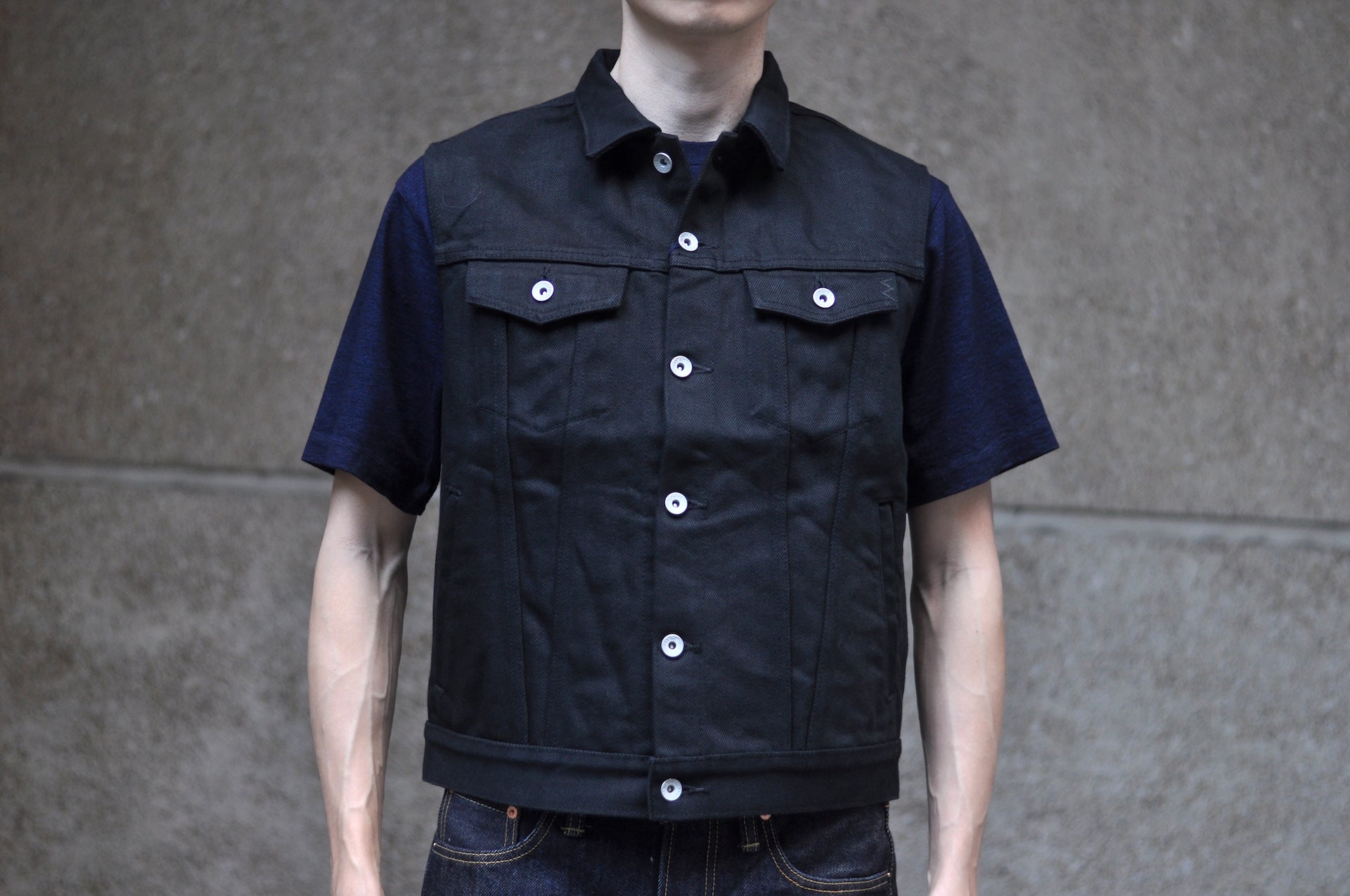Iron Heart 21oz Selvage Denim Modified Biker Vest (Super Black)