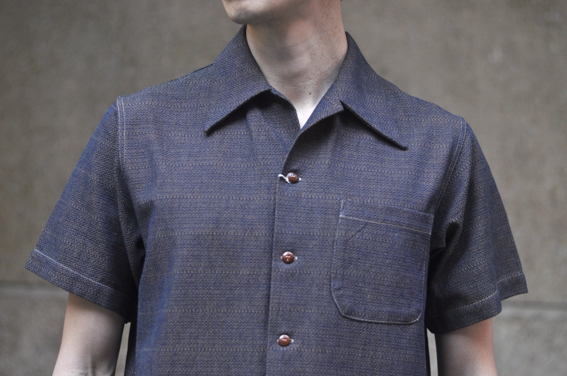 Samurai 10oz “Konako Ai-Madara” Sashiko S/S Open Collar Shirt