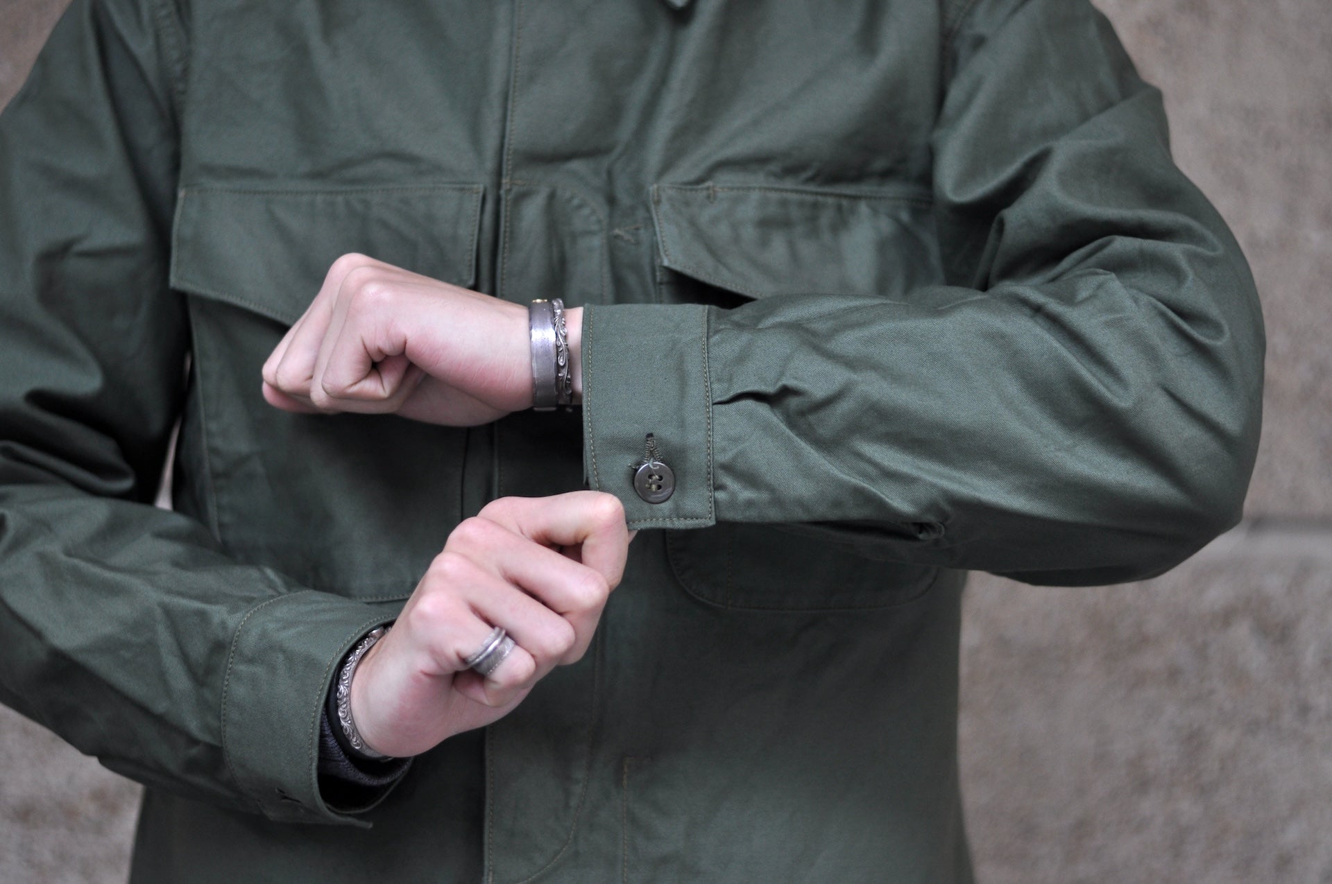 Freewheelers Military Back Satin "Combat Utility Jacket" (Olive Green)