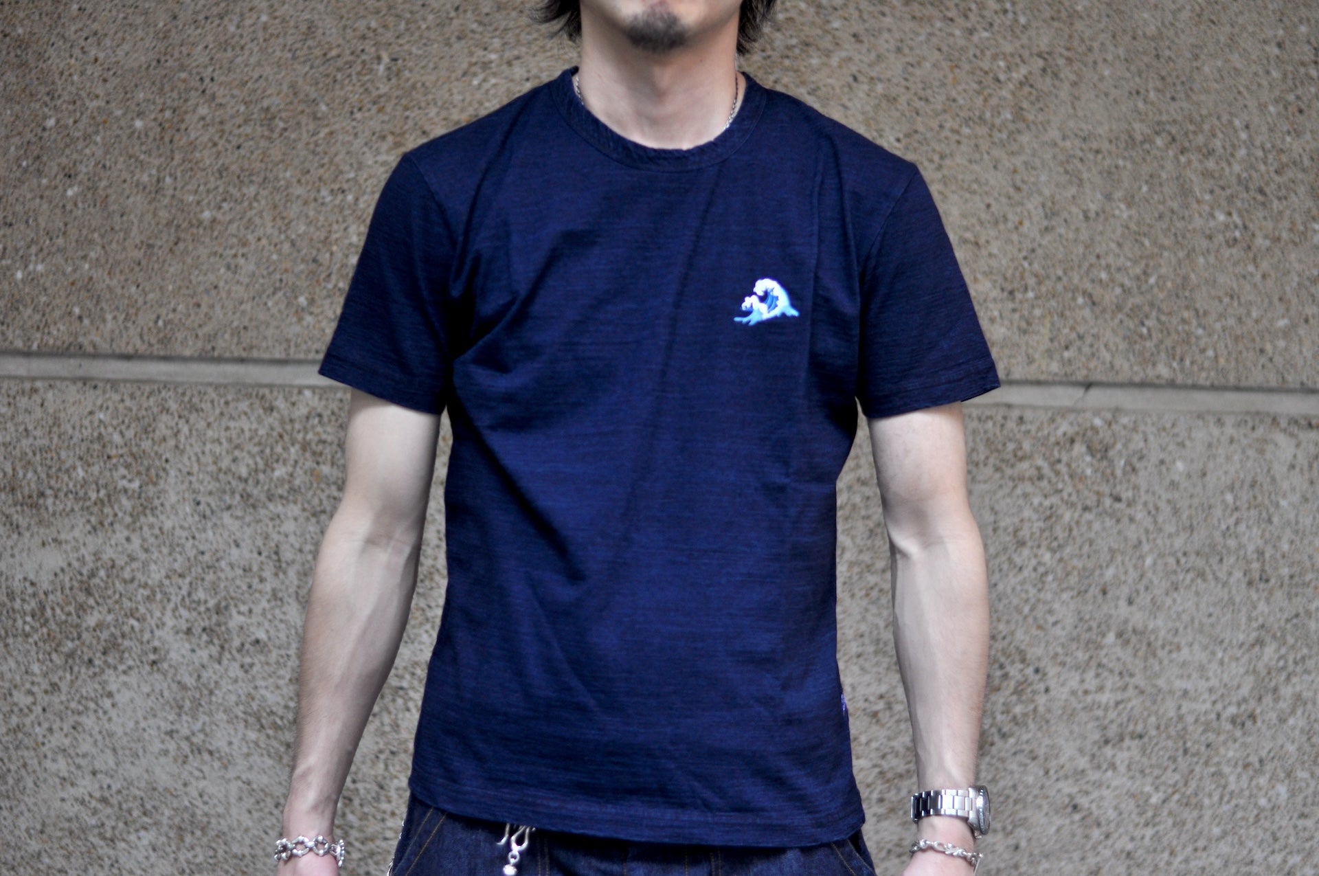 Pure Blue Japan 6.5oz Embroidered Grand Indigo Dyed Tee (Wave)