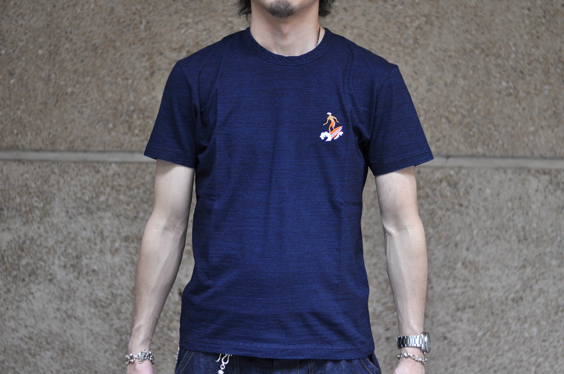 Pure Blue Japan 6.5oz Embroidered Grand Indigo Dyed Tee (Surfer)