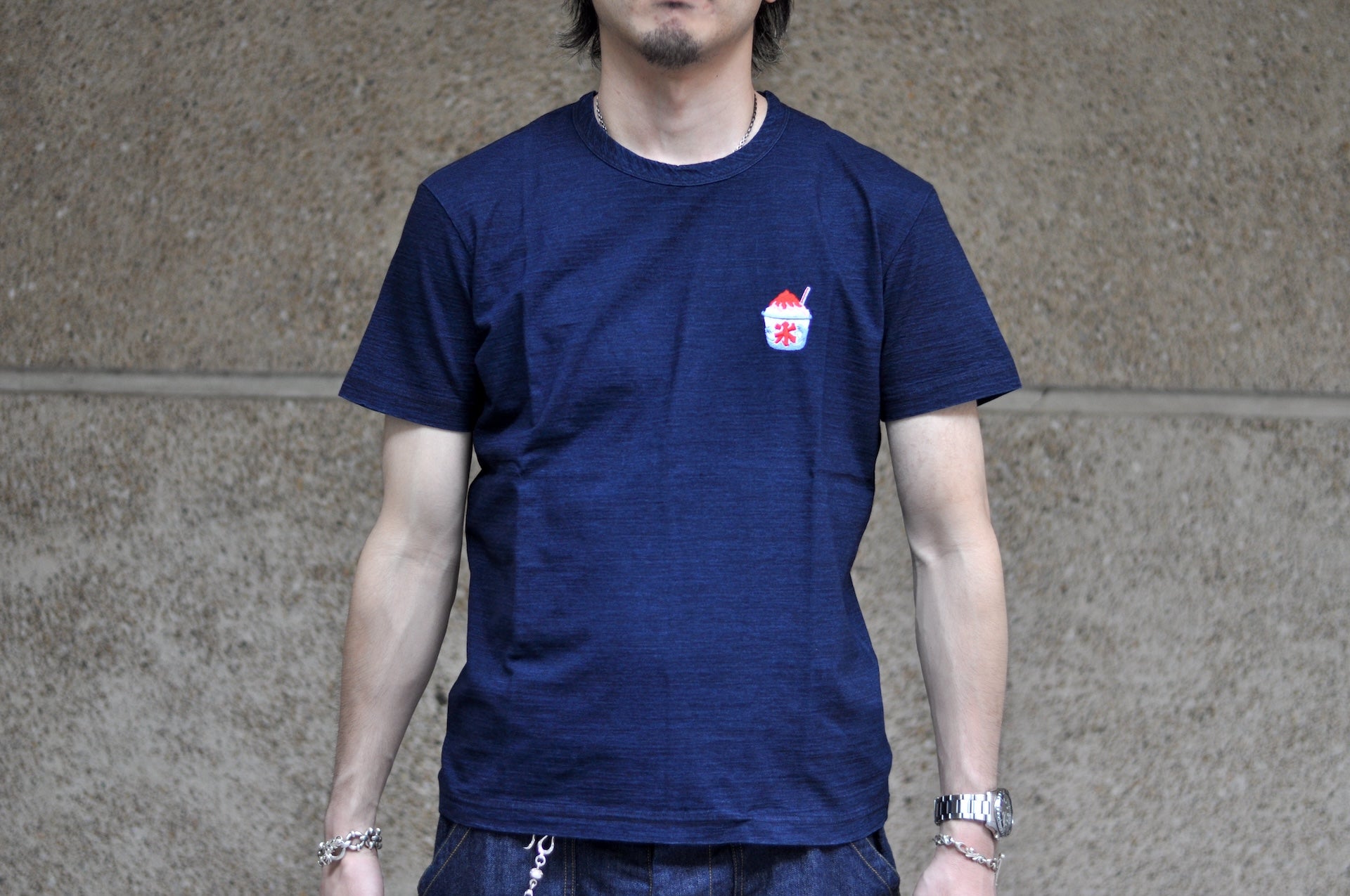 Pure Blue Japan 6.5oz Embroidered Grand Indigo Dyed Tee (Shaved Ice)