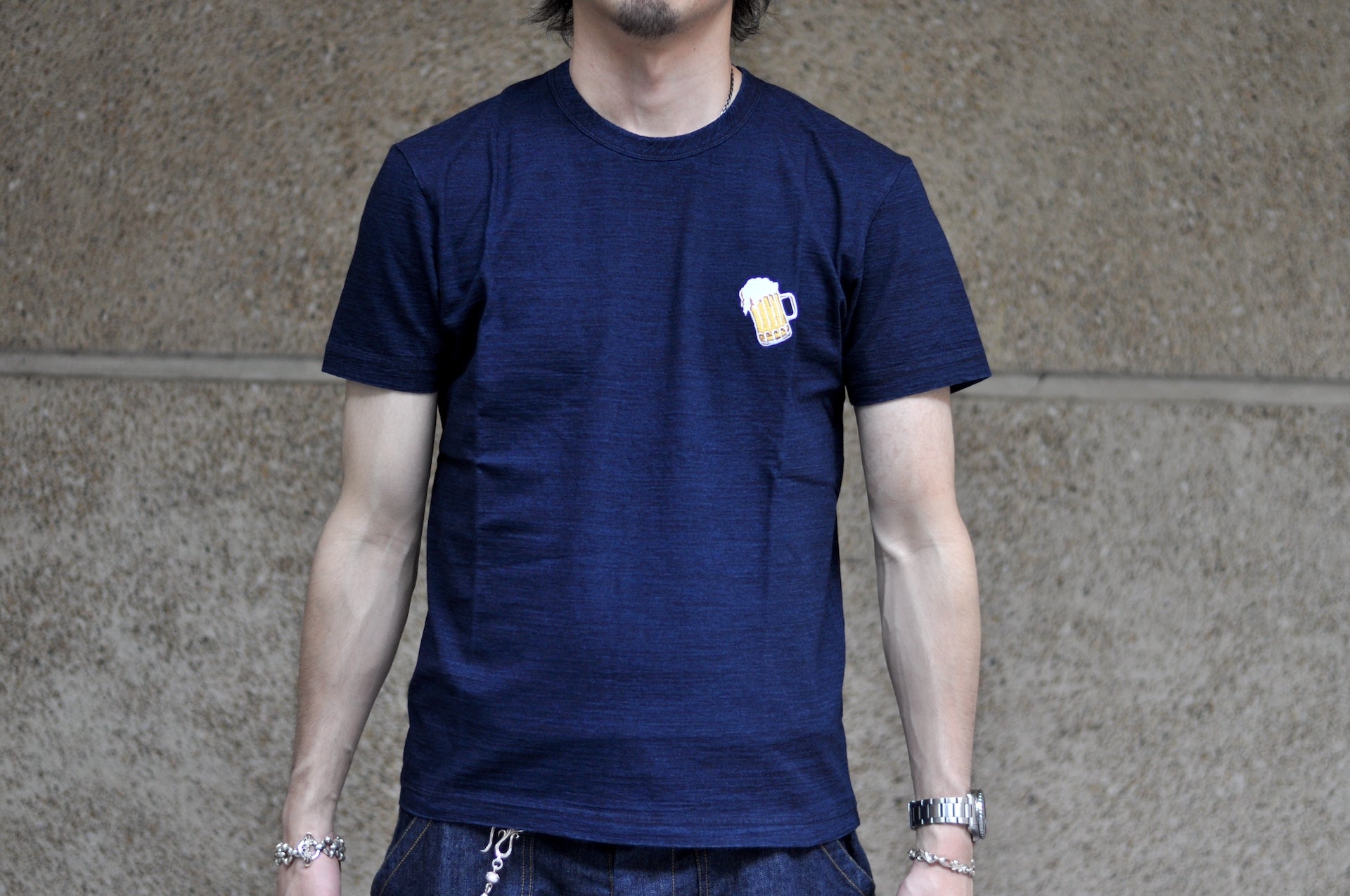 Pure Blue Japan 6.5oz Embroidered Grand Indigo Dyed Tee (Beer)