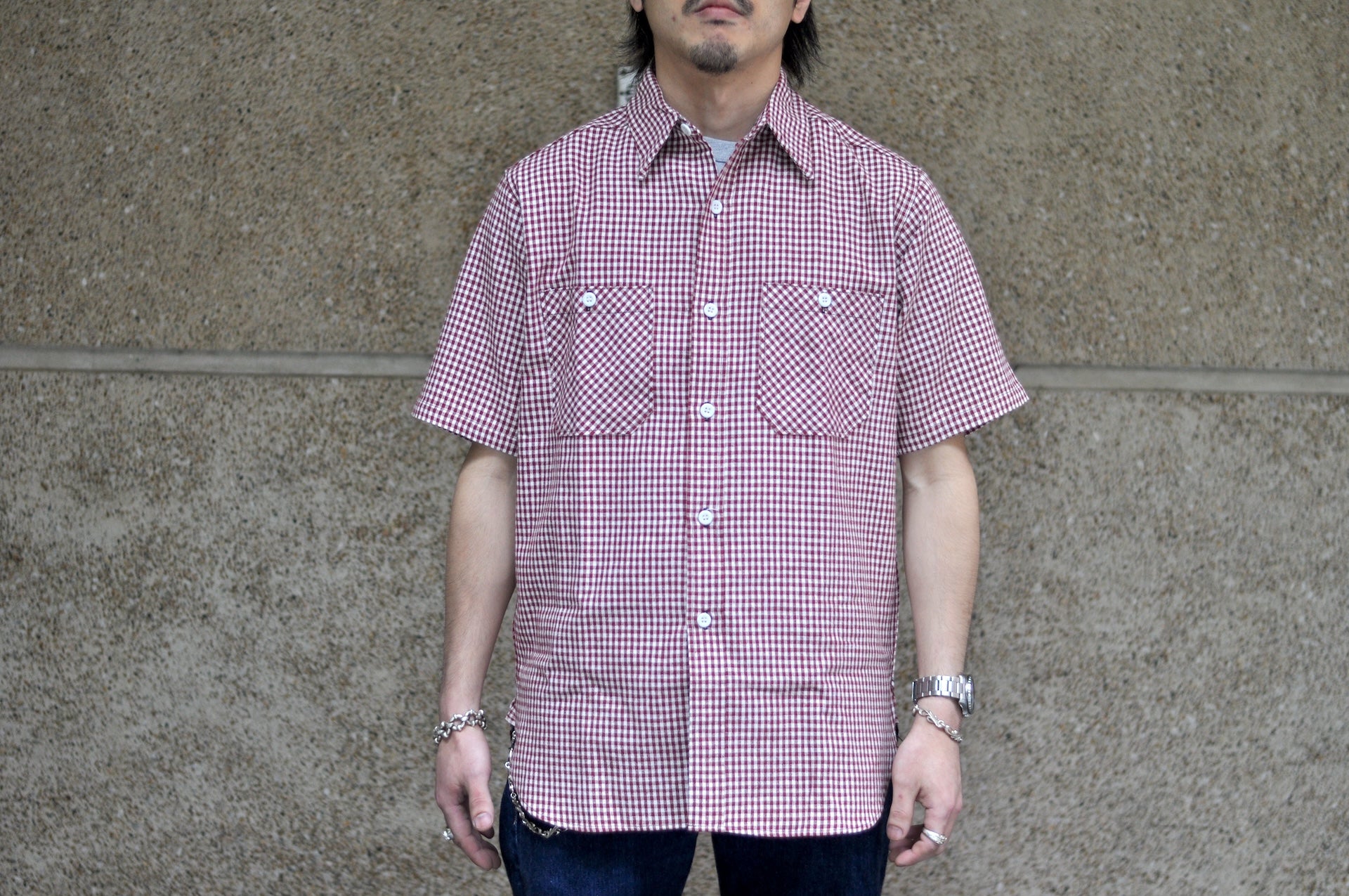 Warehouse 8oz Selvage Cotton/Linen Selvage Gingham Check S/S Work Shirt (Red)