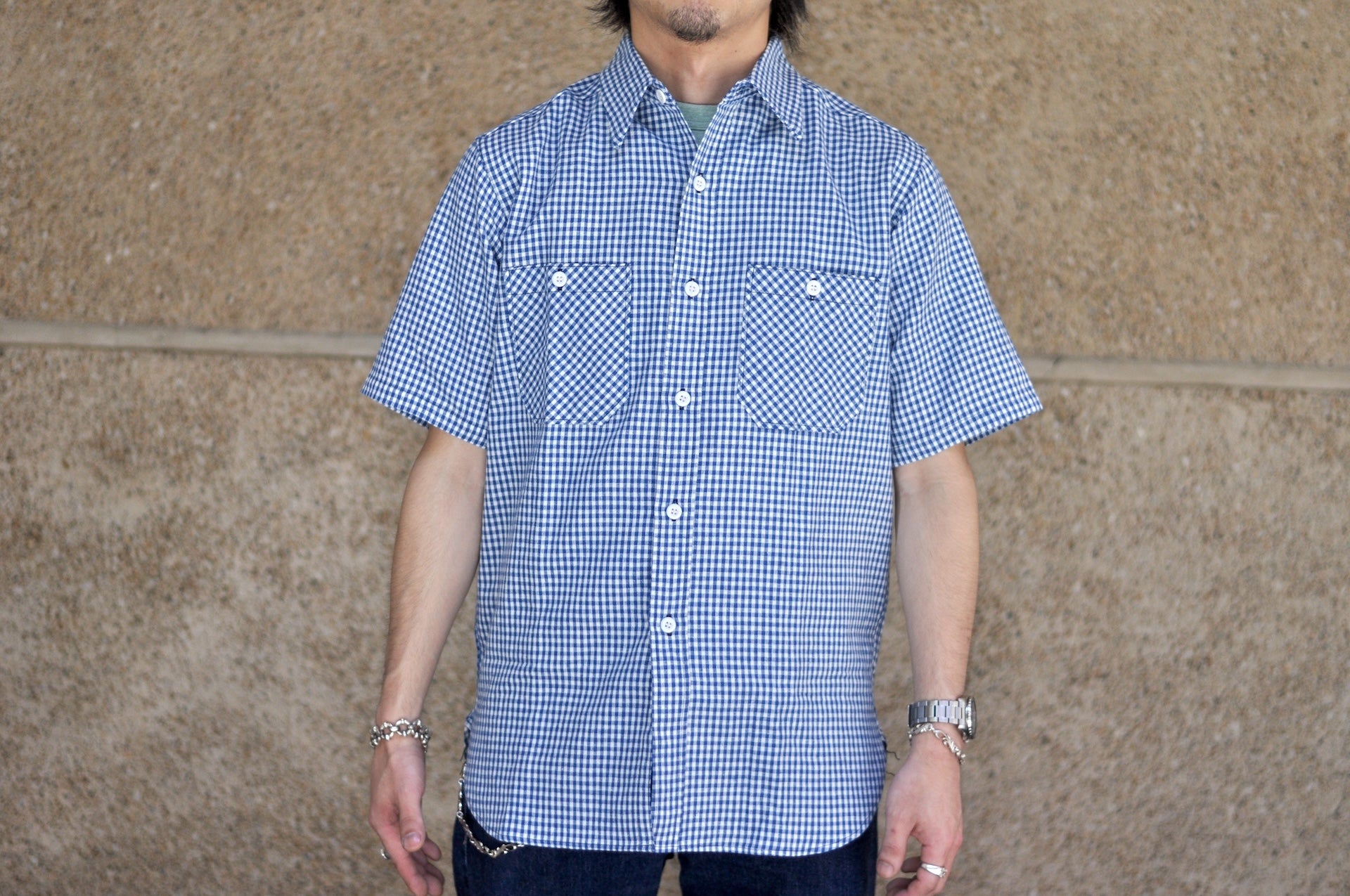 Warehouse 8oz Selvage Cotton/Linen Selvage Gingham Check S/S Work Shirt (Blue)