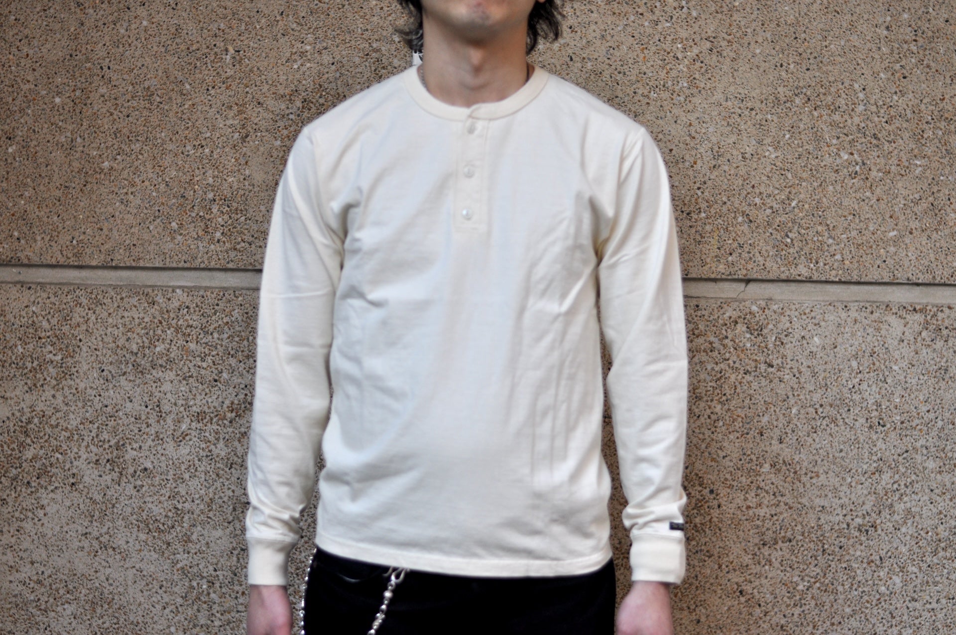 The Flat Head 9oz Loopwheeled L/S Henley Tee (Cream)