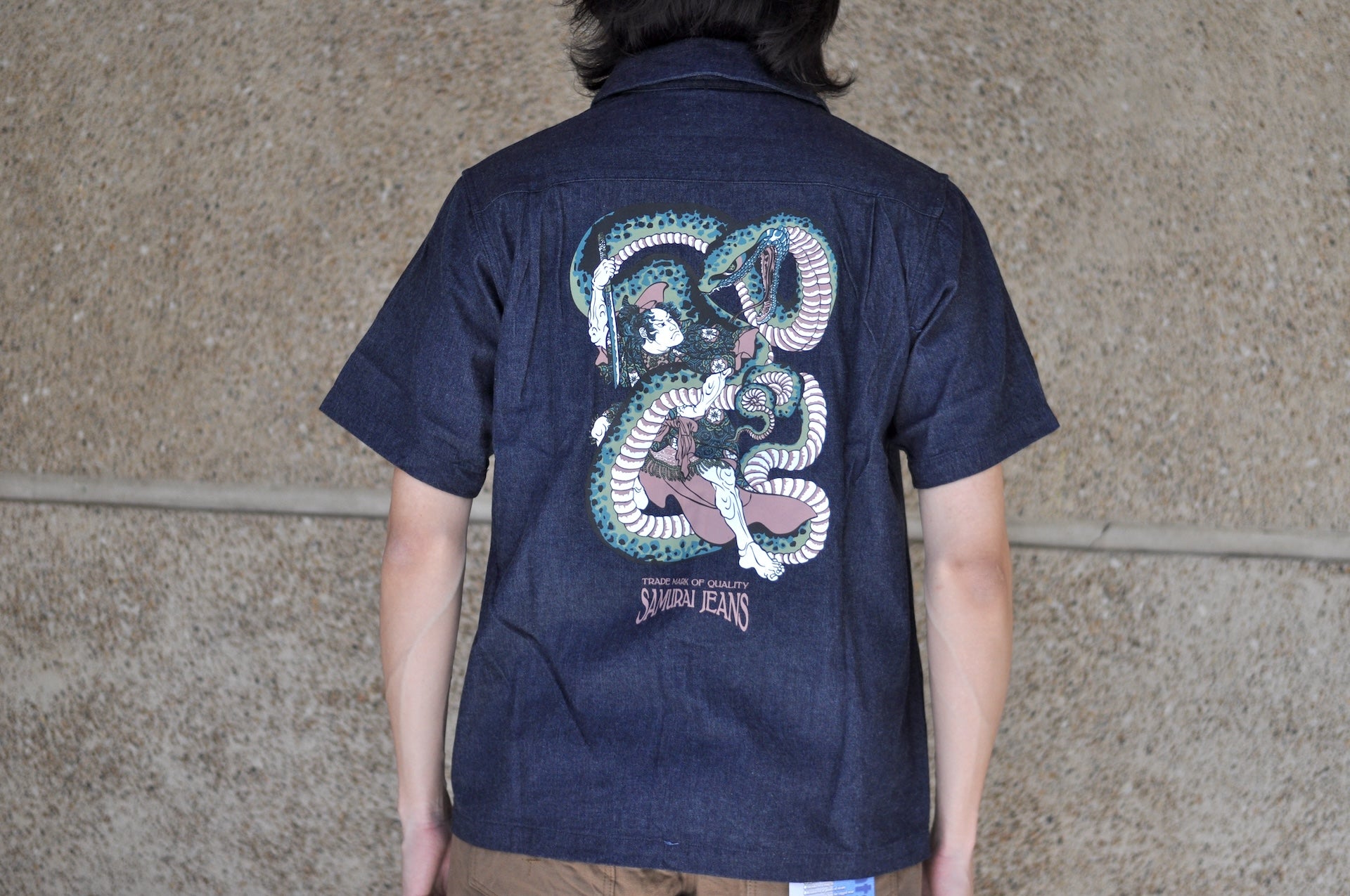 Samurai 8oz Indigo Dyed Denim "Musha-e" 8oz Open Collar S/S Shirt