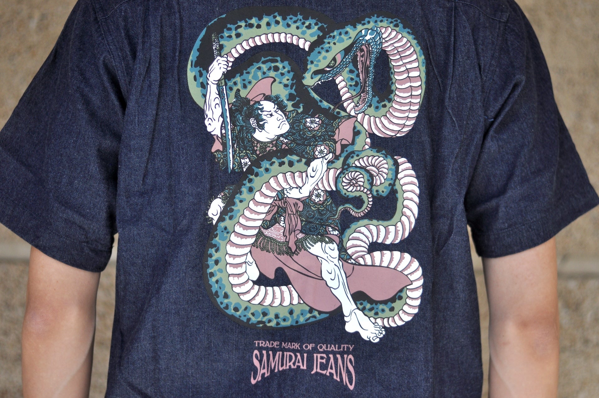 Samurai 8oz Indigo Dyed Denim "Musha-e" 8oz Open Collar S/S Shirt