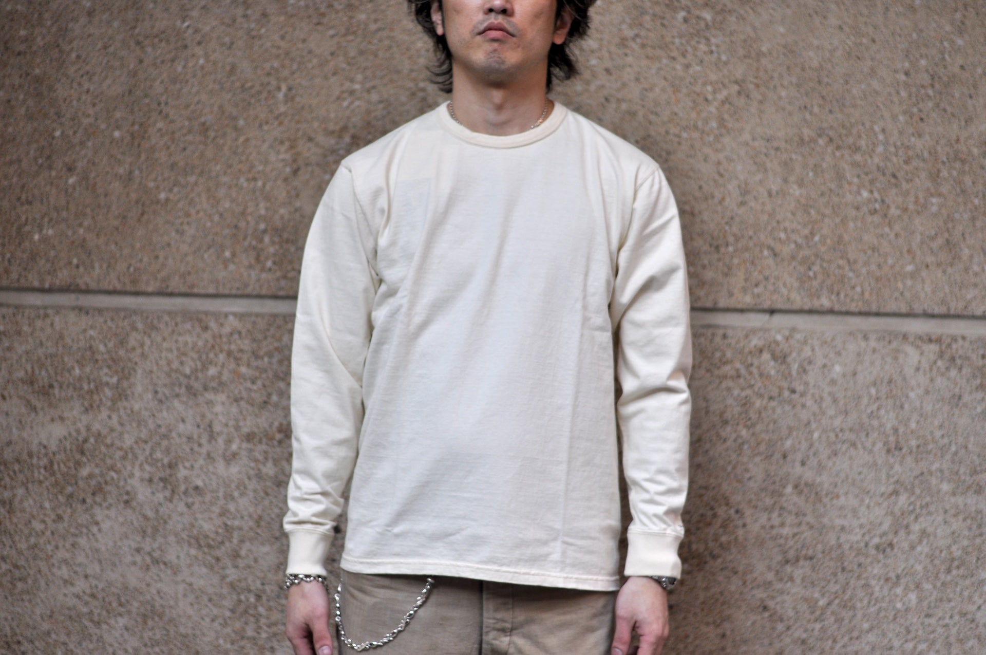 The Flat Head 9oz Loopwheel L/S Plain Tee (Cream)