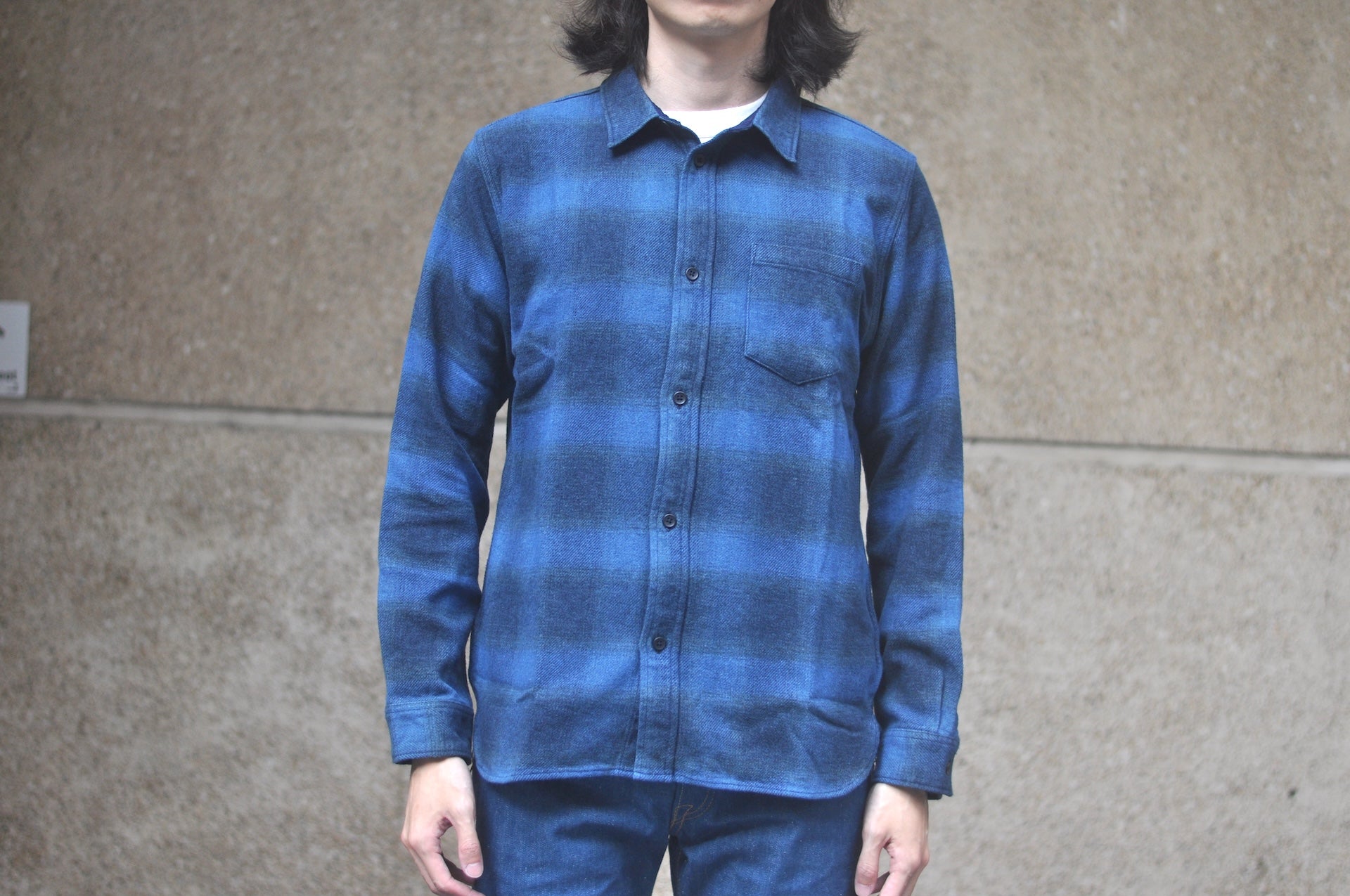 Pure Blue Japan 11oz “Indigo-Overdyed” Cotton Tweed Flannel Work Shirt (Beige)