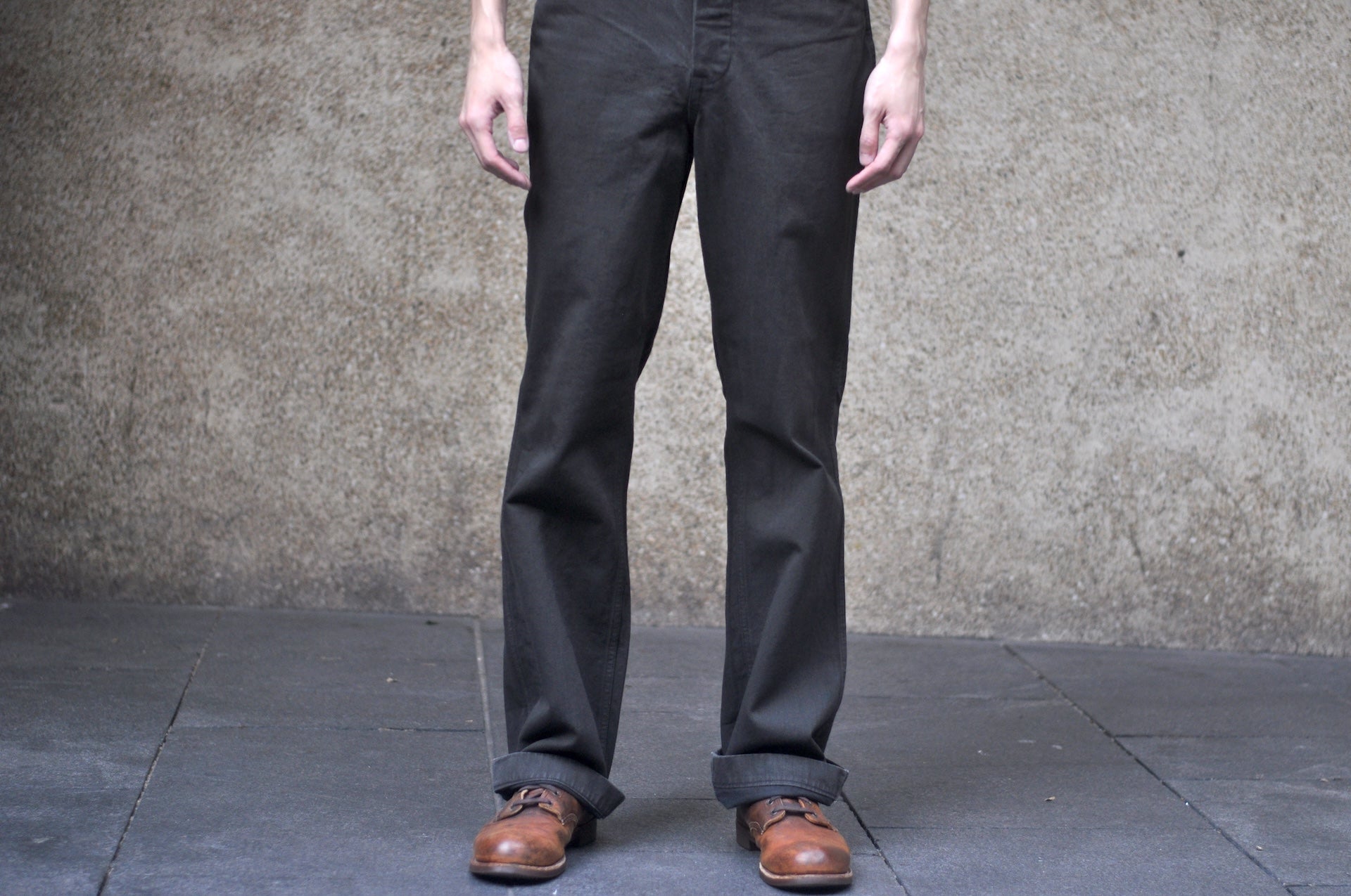 Freewheelers 10.5oz Ink-Black Denim “STEVEDORE” Work Trousers