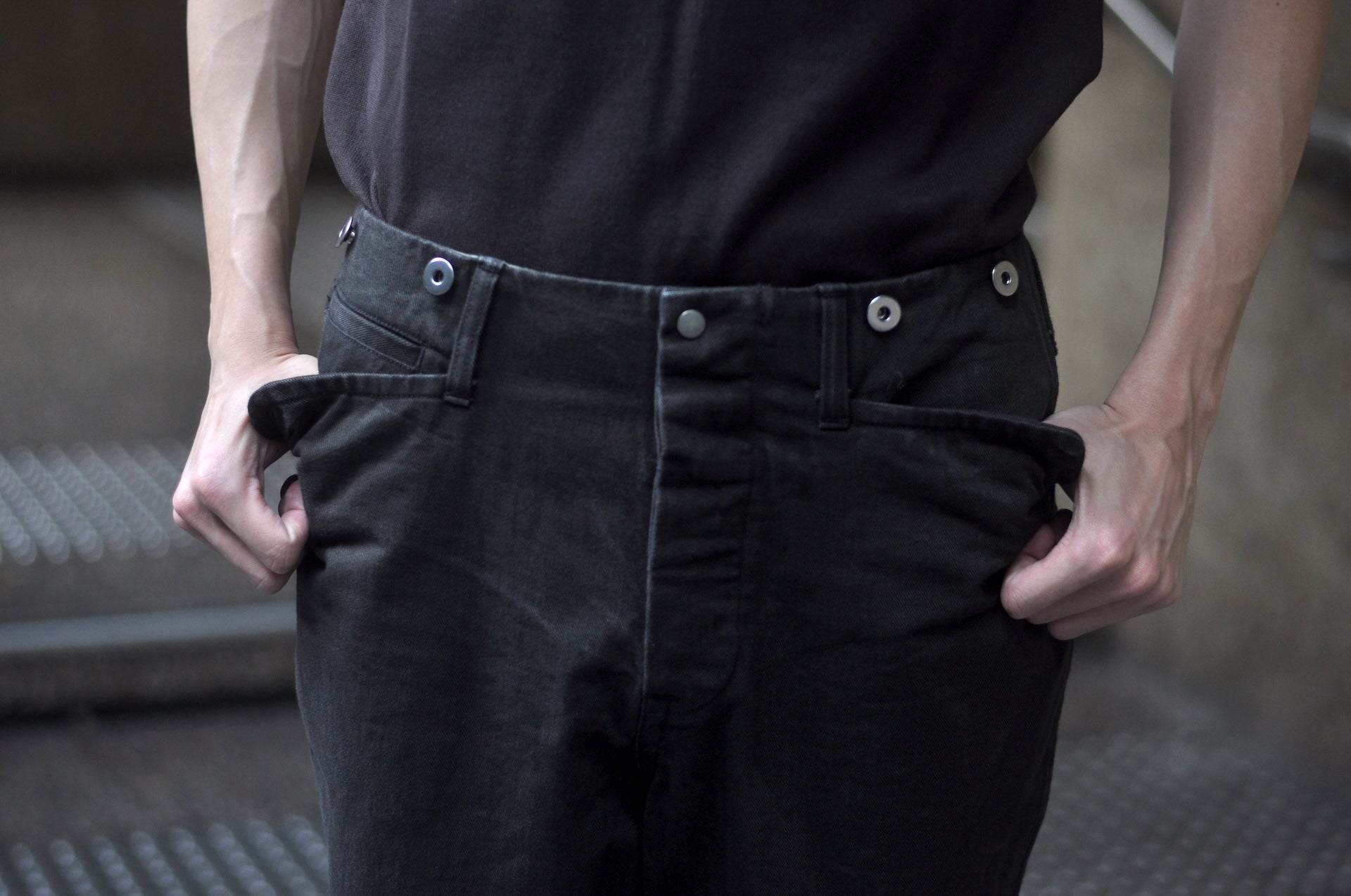 Freewheelers 10.5oz Ink-Black Denim “STEVEDORE” Work Trousers